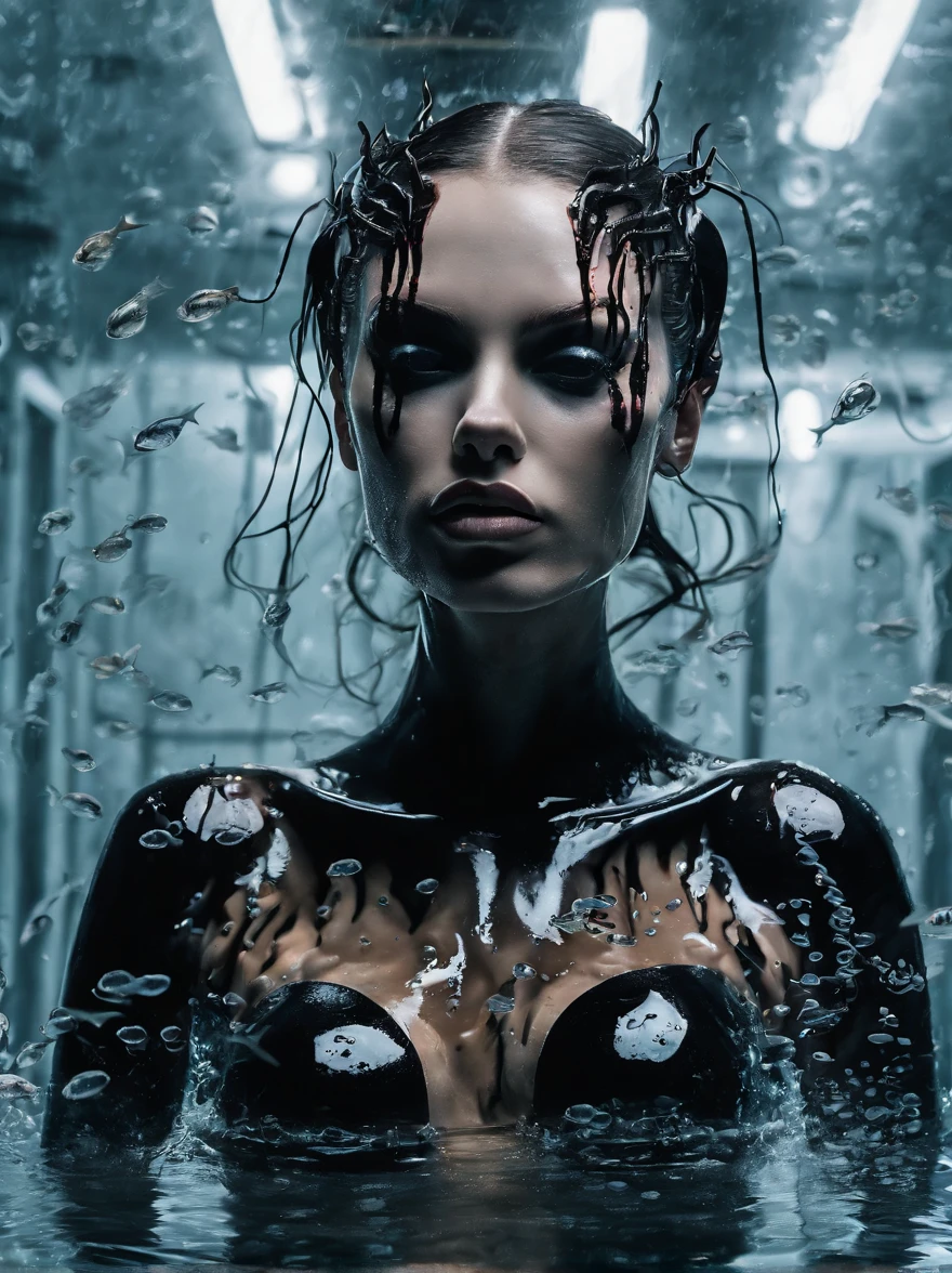 best quality, realistic, (night time) (burning wreckage) (fire and smoke:1.0), shirley manson, (naked) (long straight hair hair) (liquid metal girl) (liquid metal skin:1.2), expressionless, perfect eyes, (cheeks blush), (eyeliner), (eyeshadows), (lip gloss:1.0), breasts, d cups breasts, nipples, (deep focus), (sharp details) (soft lighting:1.2), best quality, detailed, intricate