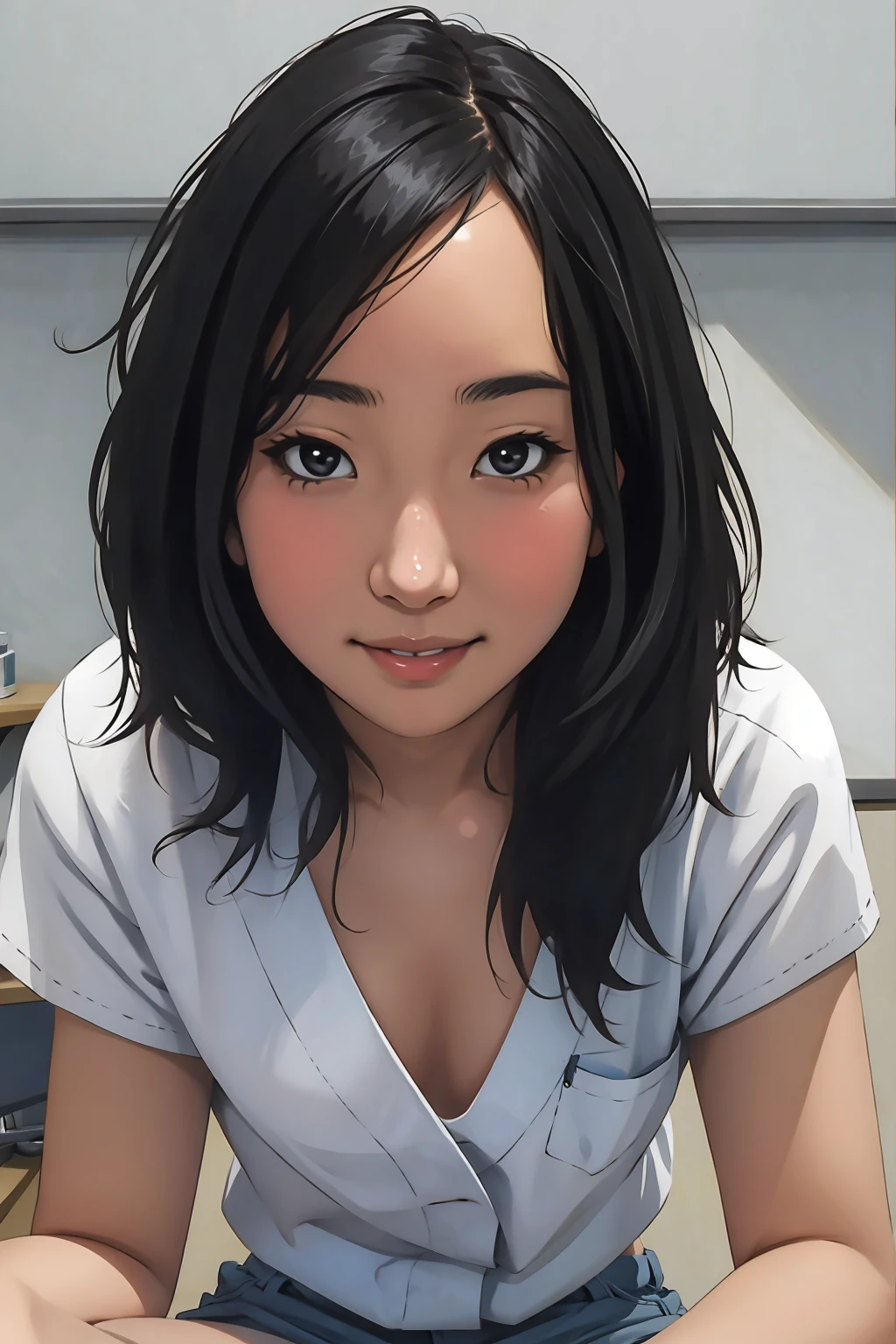 Risa, black haired japanese girl, sitting in classroom in , cute, beautiful, realistic style, highly detailed, 4k, look at camera, face close-up, (NUDE)