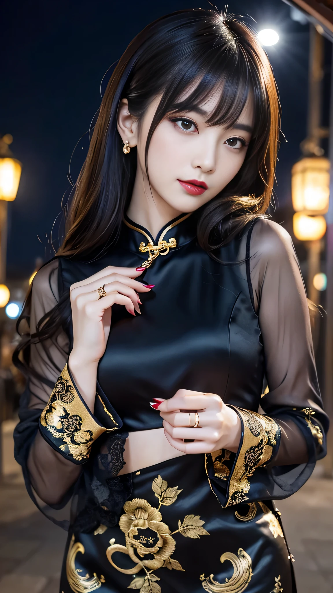 tra-detailed、Japanese、attractive beauty、seductive adult woman、pretty woman、piercing eyes、cool girl、wavy hair、swept bangs、Long Black and Gold Cheongsam、wide sleeves、Evil cadres、evil depravity、brainwash、mind control、lipstick、lip gloss、dark makeup、smirk、whisper in your ear、Evil expression、evil、hollow eyes,half-closed eyes、empty eyes、evil、church at night、vampire、succubus、vampire、Swear allegiance、sexy pose、bracelet
