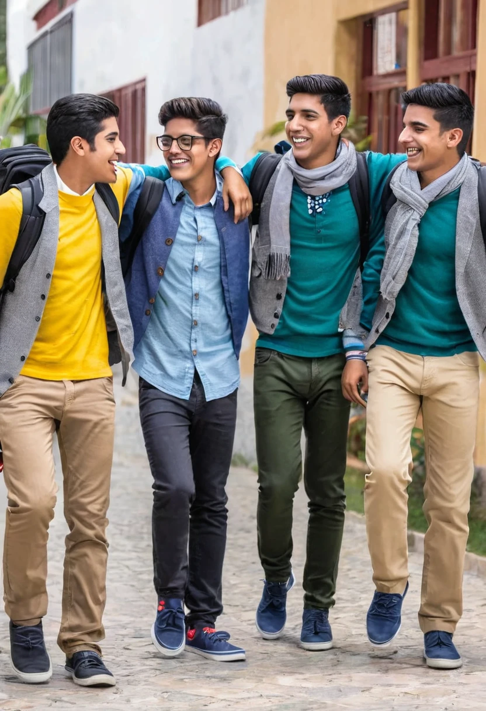 4 Amigos Hombres Llendo a colegio