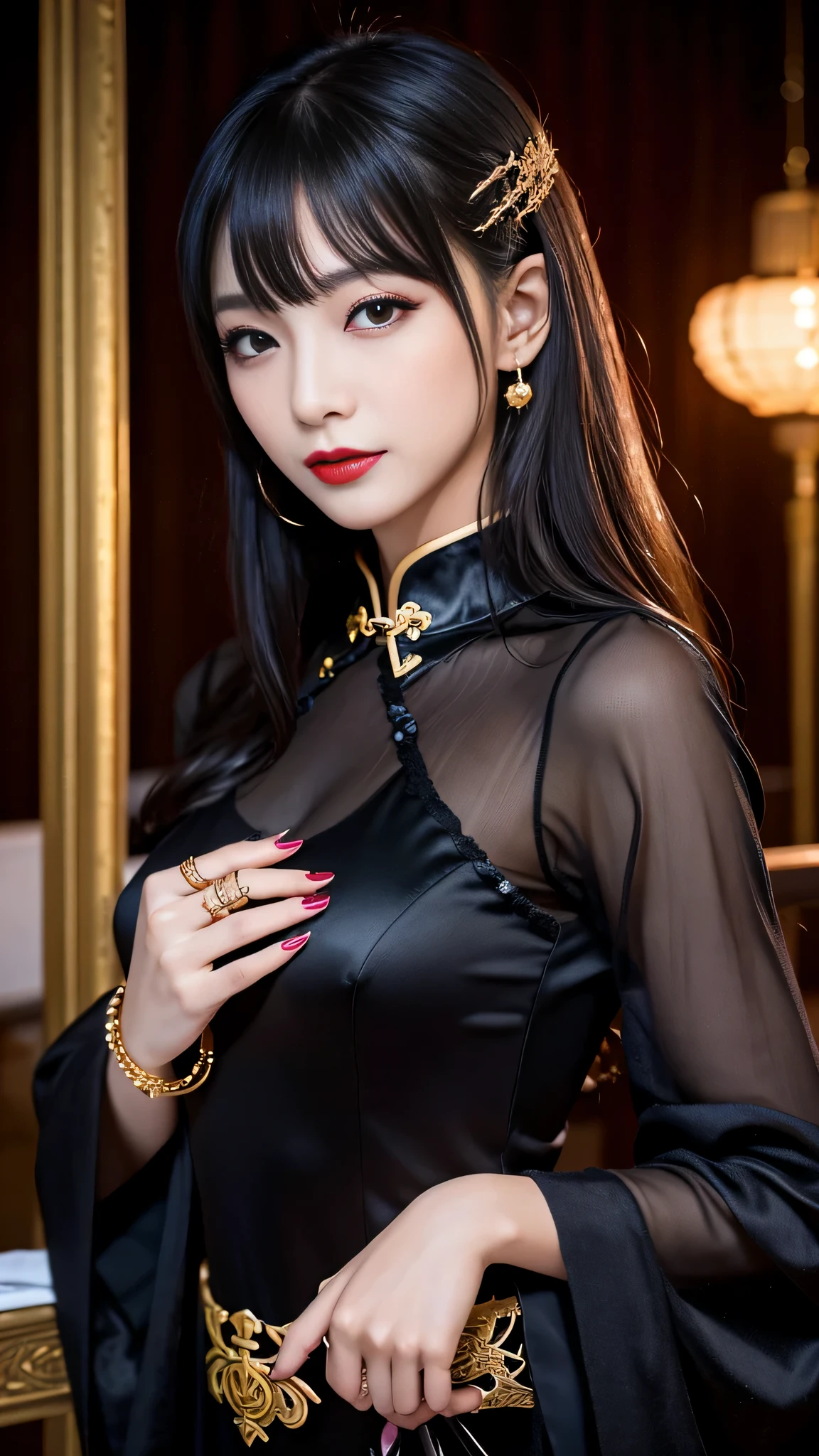 tra-detailed、Japanese、attractive beauty、seductive adult woman、pretty woman、piercing eyes、cool girl、wavy hair、swept bangs、Long Black and Gold Cheongsam、wide sleeves、Evil cadres、evil depravity、brainwash、mind control、lipstick、lip gloss、dark makeup、smirk、whisper in your ear、Evil expression、evil、hollow eyes,half-closed eyes、empty eyes、evil、church at night、vampire、succubus、vampire、Swear allegiance、sexy pose、bracelet