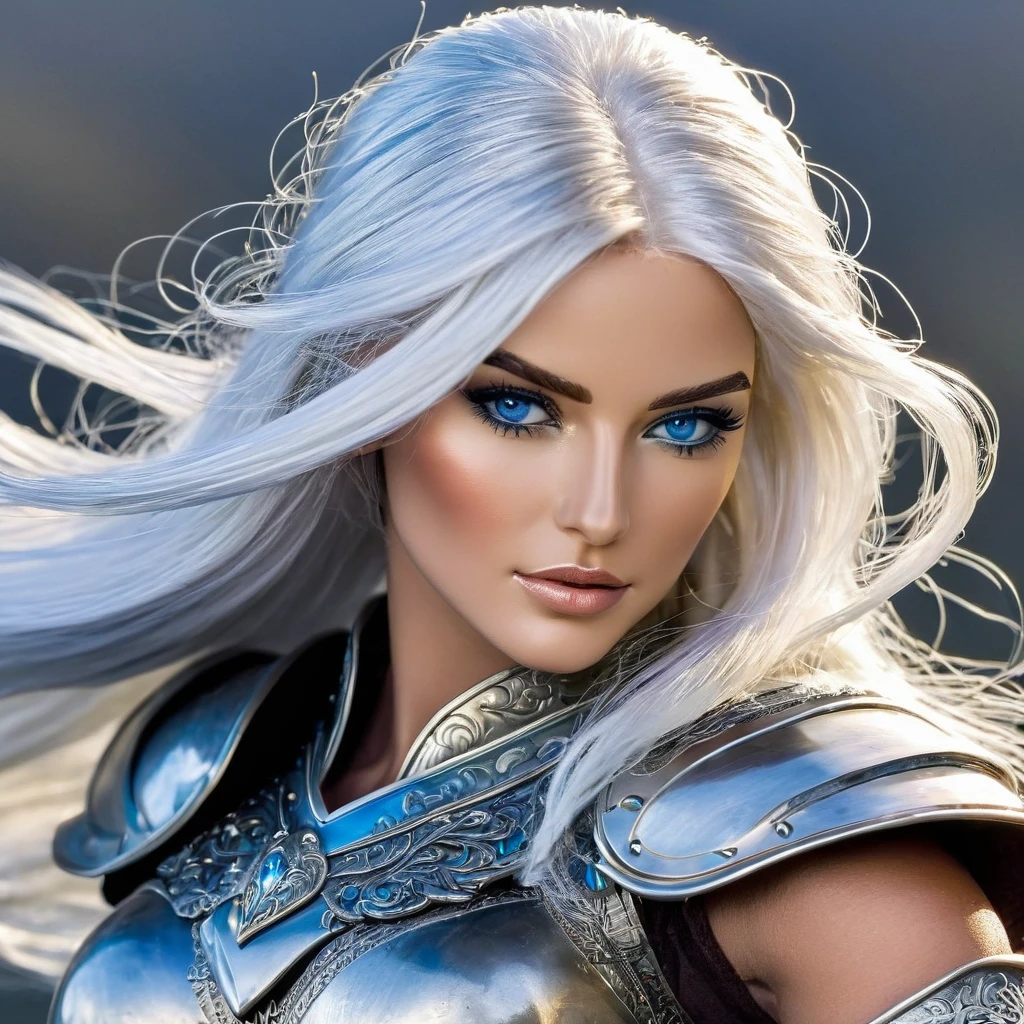 A dynamic figure of a beautiful warrior with silver hair and blue eyes.