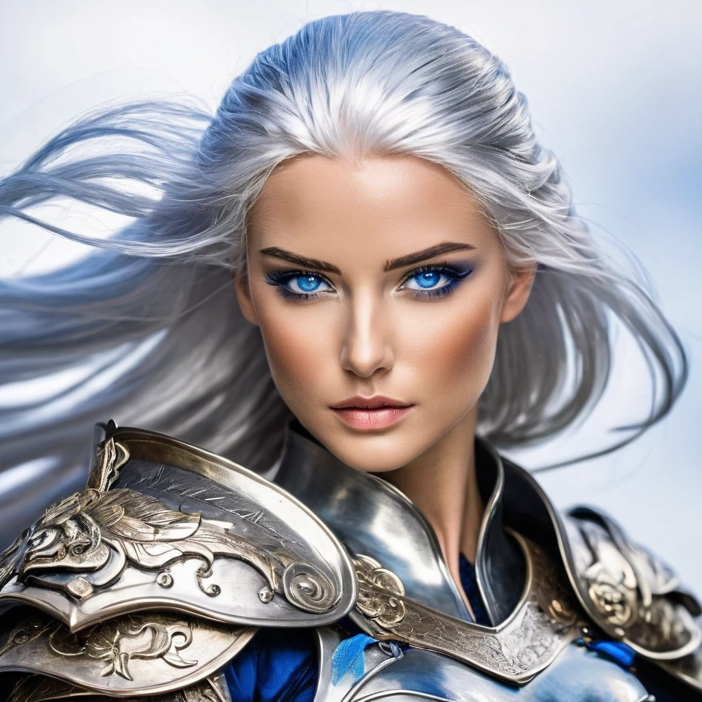 A dynamic figure of a beautiful warrior with silver hair and blue eyes.