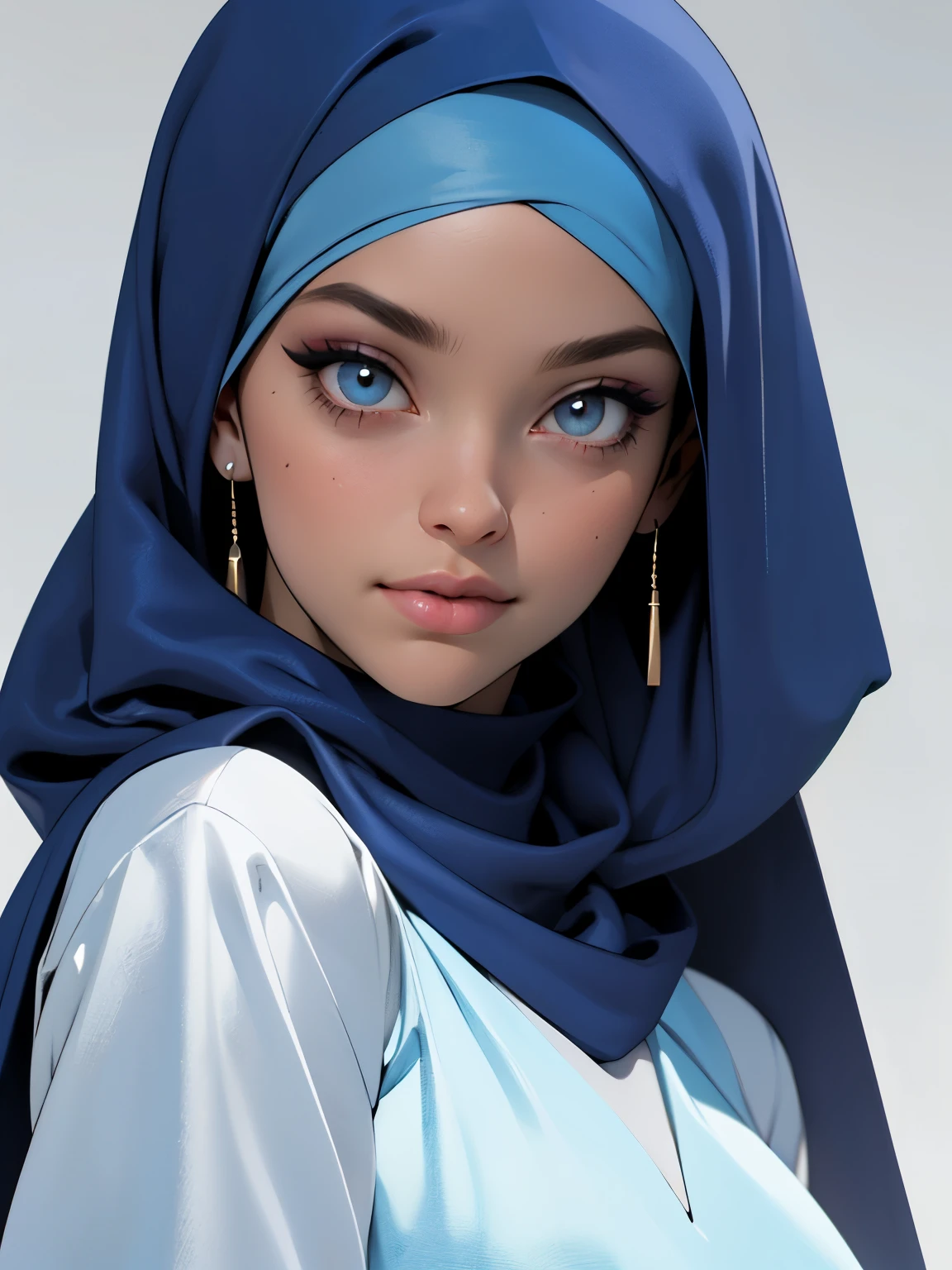 3dmm style, (Masterpiece), realistic, best quality, best lighting, extremely detailed artgerm, style artgerm, beautiful mature woman, 1 girl photo solo, beautifully makeup, eyeshadow, Parted Lips, Detailed Eyes, ((beautiful big eyes)), long eye lashes, dimples on the cheeks, smile, wearing ((Dark blue satin hijab)), loosely tide hijab style, ((Blue satin shirt and satin long skirt)), (Close-up portrait), Front view, Standing Symmetric Centre, facing the viewer, gray background.