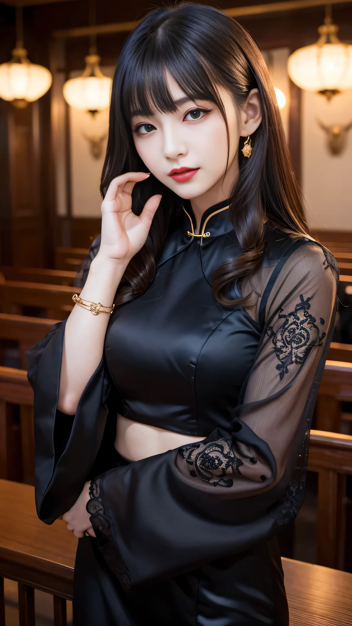 detailed、Japanese、charming beauty、seductive adult woman、Beautiful woman、sharp eyes、cool girl、wavy hair、flowing bangs、long black cheongsam、wide sleeve、Tight Skirt、evilの幹部、evil depravity、brainwashing、Mind control、lipstick、lip gloss、grin、evilな表情、evil、empty eyes、evil、night walk、vampire、Succubus、vampire、makeup brush