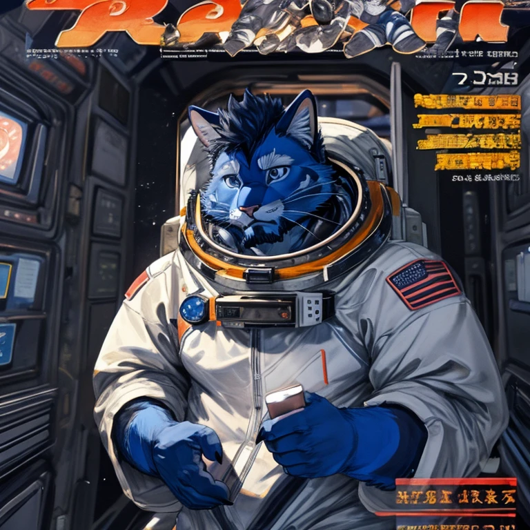 Maximum quality, Best quality, super high resolution, detailed background, magazine cover(beautiful face and highly detailed eyes)absurdities, perfect anatomy((angelic good 1boy, kimono, focus only, muscle man, beard))(((hairy)))(peludo anthro:1.7)((((hairy body, blue cat facial features, blue cat body features))))((very detailed body skin))whole body(dignified), astronaut, stroke, outer space, muscle, facial hair, volumetric lighting, depth of field, gasping for air, raised crotch, white clothes, ((Astronaut uniform)