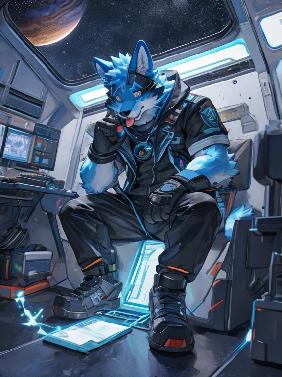 furry, blue cat, the setting is a space with stars and planets, there are shooting stars,a defective robot mask, his body is robotic, part of his body has electrical cables, but part of its body is also that of an animal, its paws are exposed, is sitting in his spaceship, He's sticking his tongue out like an ahegao, protuberance, he has both hands and is making a "v" sign with his fingers.