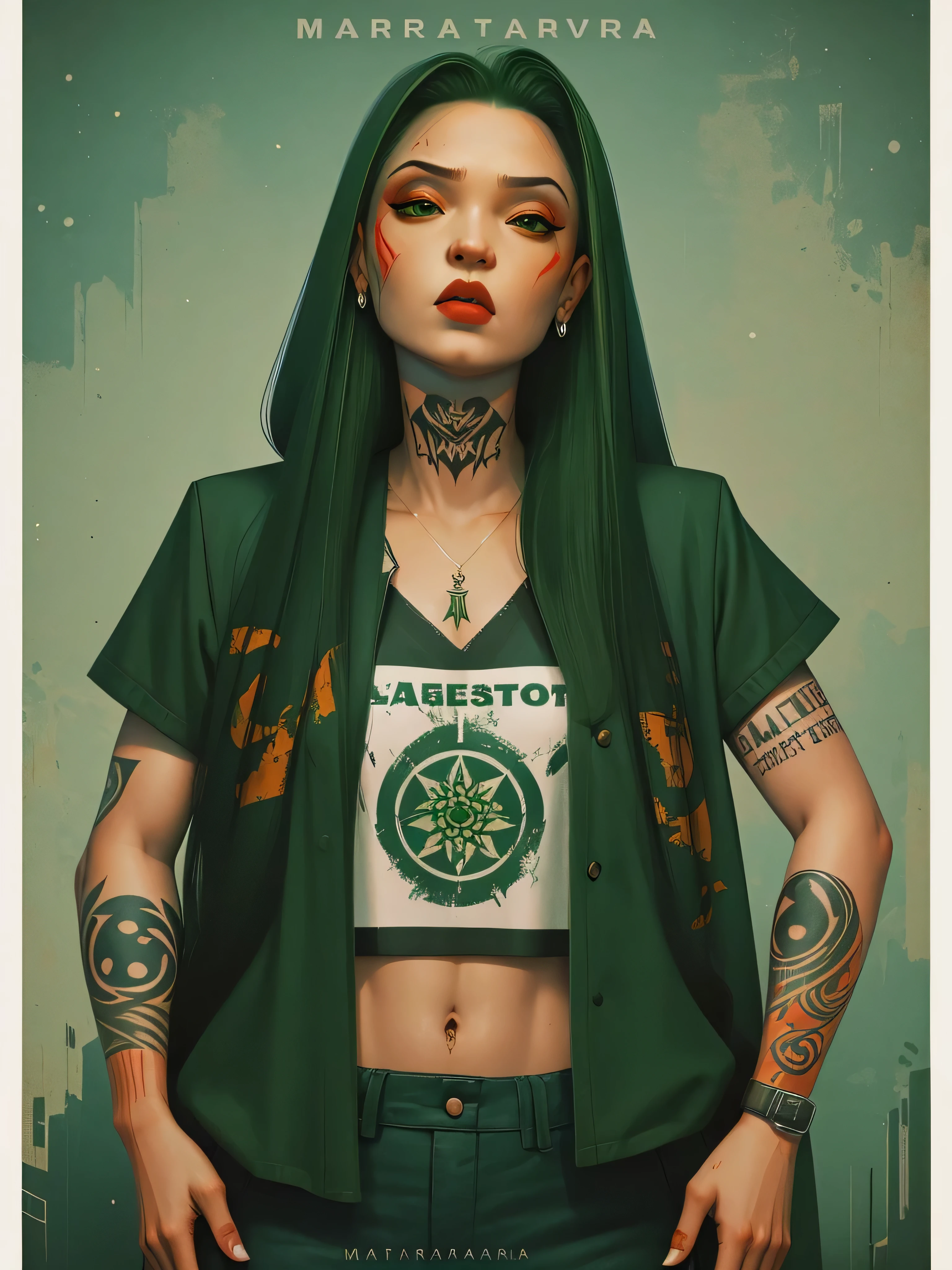 poster for Mara Salvatrucha, commonly known as MS-13, is an international criminal gang that originated in Los Angeles, California, painting of a Salvatrucha beautiful girl green eyes, red lips, with tattoos gangster style poster for the gang