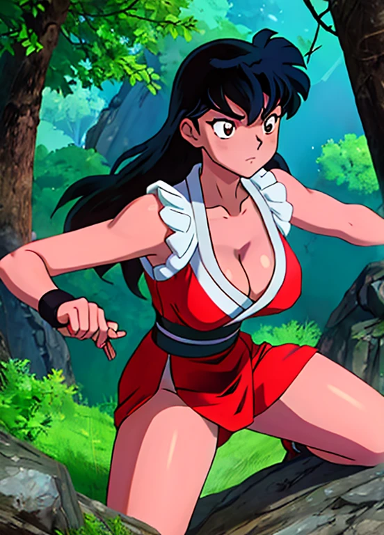 masterpiece, best quality, 1girl, Kagome Higurashi, Kagome Higurashi as Mai Shiranui, long black hair, brown eyes, 25 years old, Japanese mature female, matured face, big breasts, cleavage, she's looking directly at the camera with a (fierce, dangerous, arrogant) smile. Her gaze is both alluring and fierce, as she holds a red fan with a tight grip. She is in a defensive pose, practicing martial arts moves. The view of the nature of the Green forest