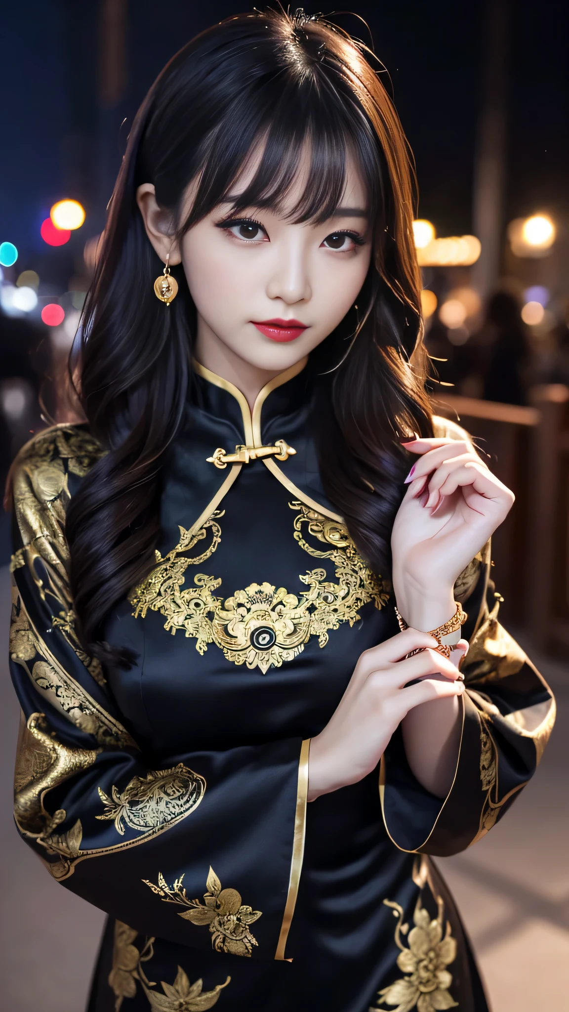 tra-detailed、Japanese、attractive beauty、seductive adult woman、pretty woman、piercing eyes、cool girl、wavy hair、swept bangs、Long Black and Gold Cheongsam、wide sleeves、Evil cadres、evil depravity、brainwash、mind control、lipstick、lip gloss、dark makeup、smirk、whisper in your ear、Evil expression、evil、hollow eyes,half-closed eyes、empty eyes、evil、church at night、vampire、succubus、vampire、Swear allegiance、sexy pose、bracelet