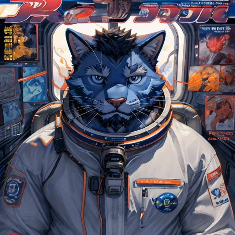 Maximum quality, Best quality, super high resolution, detailed background, magazine cover(beautiful face and highly detailed eyes)absurdities, perfect anatomy((angelic good 1boy, kimono, focus only, muscle man, beard))(((hairy)))(peludo anthro:1.7)((((hairy body, blue cat facial features, blue cat body features))))((very detailed body skin))whole body(dignified), astronaut, stroke, outer space, muscle, facial hair, volumetric lighting, depth of field, gasping for air, raised crotch, white clothes, ((Astronaut uniform)