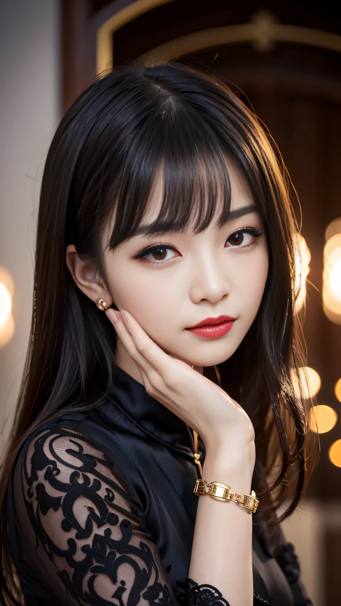 tra-detailed、Japanese、Attractive beauty、seductive adult woman、Pretty Woman、cool girl、brown hair、wavy hair、swept bangs、piercing eyes、hollow eyes、half-closed eyes、Hollow Eyes、Purple Eyeshadow、black lipstick、black lip gloss、dark makeup、smirk、Whisper in my ear、Evil expression、Long Black Cheongsam、Black wide sleeves、Evil cadres、Fallen into evil、brainwash、mind control、evil、Church at night、Swear allegiance、Have lipstick、Are standing