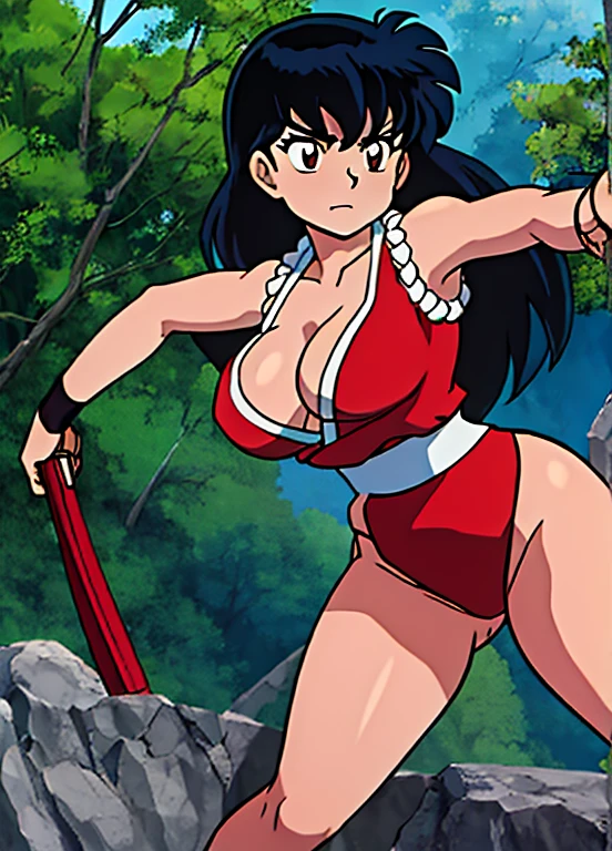 masterpiece, best quality, 1girl, Kagome Higurashi, Kagome Higurashi as Mai Shiranui, long black hair, brown eyes, 25 years old, Japanese mature female, matured face, big breasts, cleavage, she's looking directly at the camera with a (fierce, dangerous, arrogant) smile. Her gaze is both alluring and fierce, as she holds a red fan with a tight grip. She is in a defensive pose, practicing martial arts moves. The view of the nature of the Green forest
