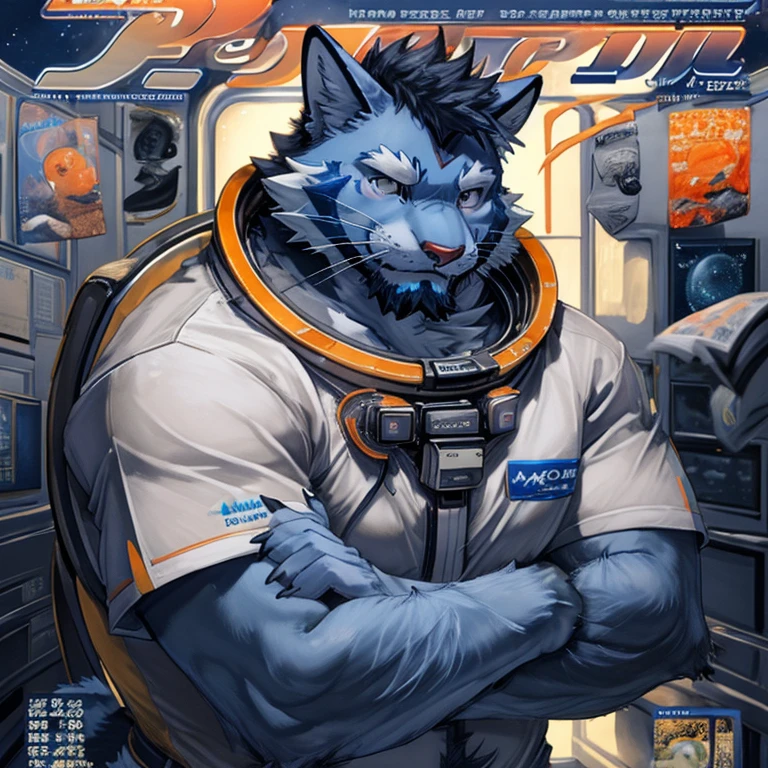 Maximum quality, Best quality, super high resolution, detailed background, magazine cover(beautiful face and highly detailed eyes)absurdities, perfect anatomy((angelic good 1boy, kimono, focus only, muscle man, beard))(((hairy)))(peludo anthro:1.7)((((hairy body, blue cat facial features, blue cat body features))))((very detailed body skin))whole body(dignified), astronaut, stroke, outer space, muscle, facial hair, volumetric lighting, depth of field, gasping for air, raised crotch, white clothes, ((Astronaut uniform), Brazilian flag ((Brazilian flag on his right arm))