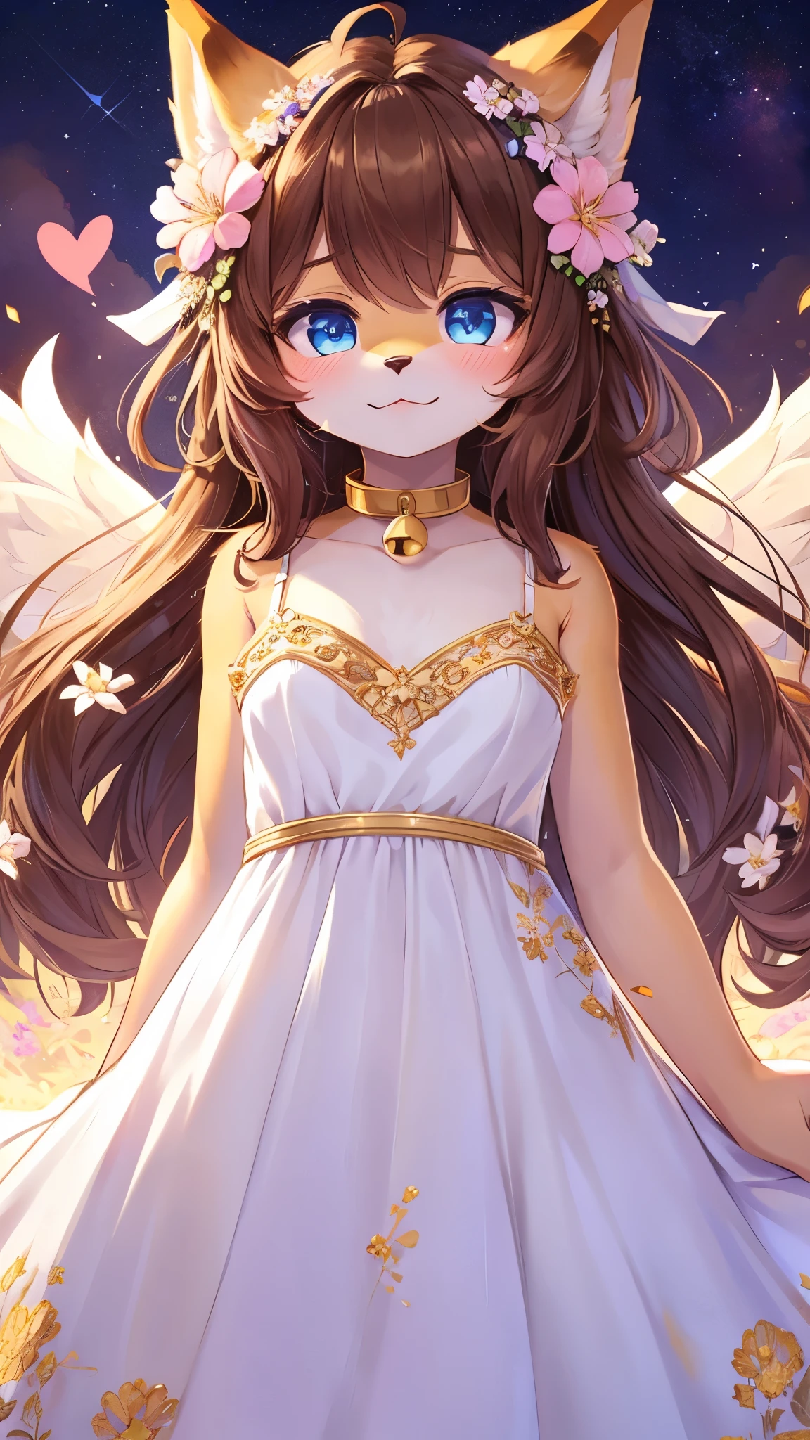 best quality,best resolution,(fluffy anthro furry :1.6),(young :1.6),dog girl,small breasts,gold canine ears,gold dog tail,gold body fur,dark brown long hair,wavy hair,curvy hair,blue eyes,sparkle eyes,glistering eyes,small bell collar,flower hair ornaments,wet white dress with flower embroidery,see through,raffles,sleeveless,bare shoulder,sparkle dust around girl,fallen stars background,night sky,flowers surronded,floral decoraton ornaments,looking at viewer,full face blush,panoramic view,white gorgeous gown with gold floral embroidery,glowing white angle wings on girl back,shy face,horny smile,front view,low angle,heart eyes,heart expression eyes,heavy breath,floating in the air,full body