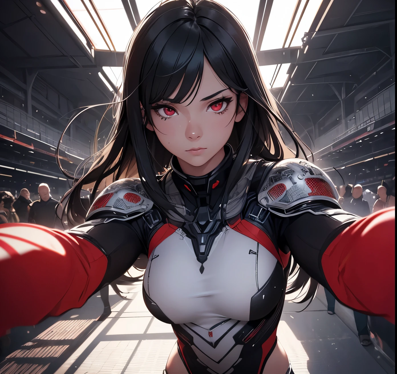 realistic, Beautiful detailed girl, combat suit, clear and beautiful, Personage as the main perspective, shiny_skin, girl,woman,female, young,19 years old, (long hair), bangs, black hair, (beautiful detailed Glass hair), long hair,beautiful detailed cold face, cold expression, complex details beautiful and delicate eyes, fingernails, medium_breasts, red  eyes, Authentic skin texture, gleaming skin,(racing bloomers:1.3),bloom,(line art:1.2),realistic illustration,(unreal engine),(GoPro),(insanely detailed),perfect shading,(digital art),(ray tracing),(intricate detailed),creative refinement,(dark atmosphere)