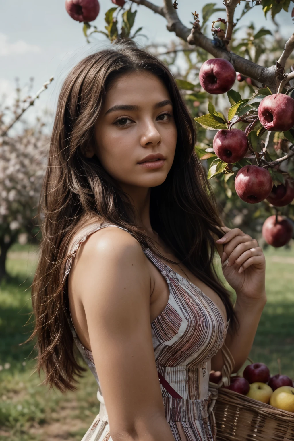 (Masterpiece, Top Quality, Best Quality, Beautiful and Aesthetic:1.2), A colorful orchard with ripe fruit and blossoming trees, tight-fitting, striped summer dress with a basket full of fresh fruit, 18 years old, Perfect Body, Perfect rare face, (very detailed skin), black colored long hair, Skin texture, Sharp focus on rare face, Perfect brown eyes, (Photorealistic), Film grain, name Samira, 