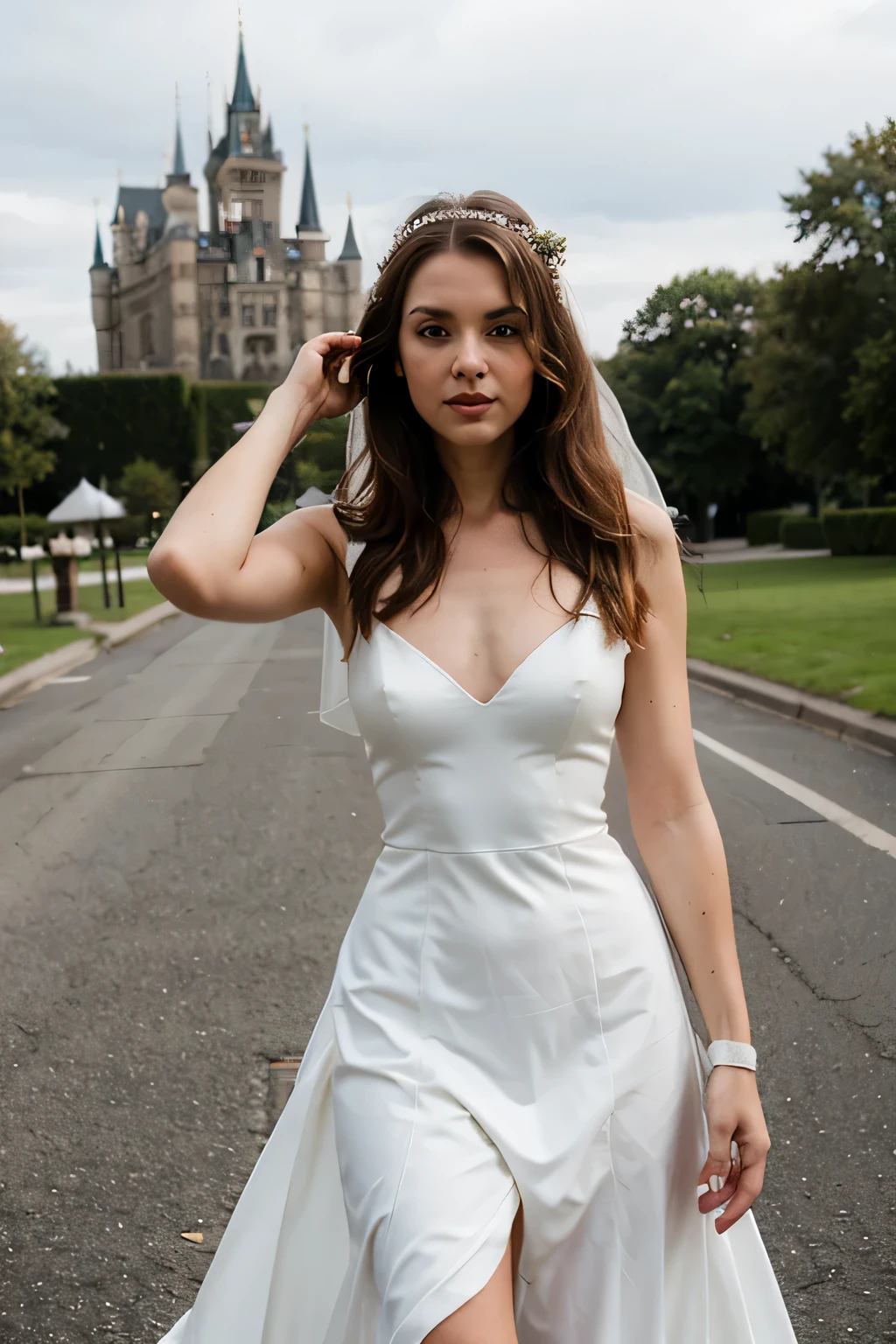 A skinny brown-haired bride in a white wedding dress with a castle in the background