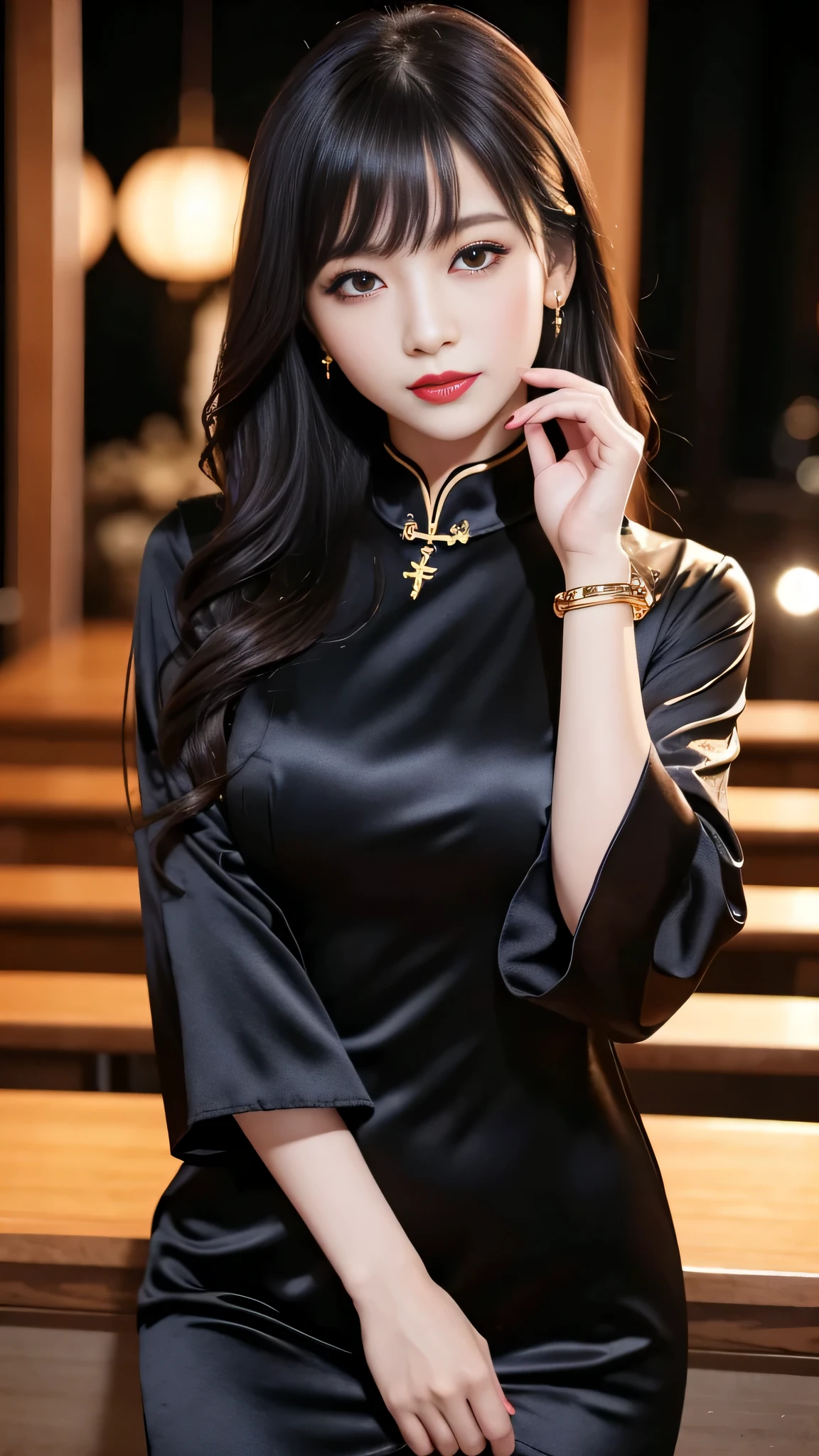 tra-detailed、Japanese、attractive beauty、seductive adult woman、pretty woman、piercing eyes、cool girl、wavy hair、swept bangs、Long Black and Gold Cheongsam、wide sleeves、Evil cadres、evil depravity、brainwash、mind control、lipstick、lip gloss、dark makeup、smirk、whisper in your ear、Evil expression、evil、hollow eyes,half-closed eyes、empty eyes、evil、church at night、vampire、succubus、vampire、Swear allegiance、sexy pose、bracelet