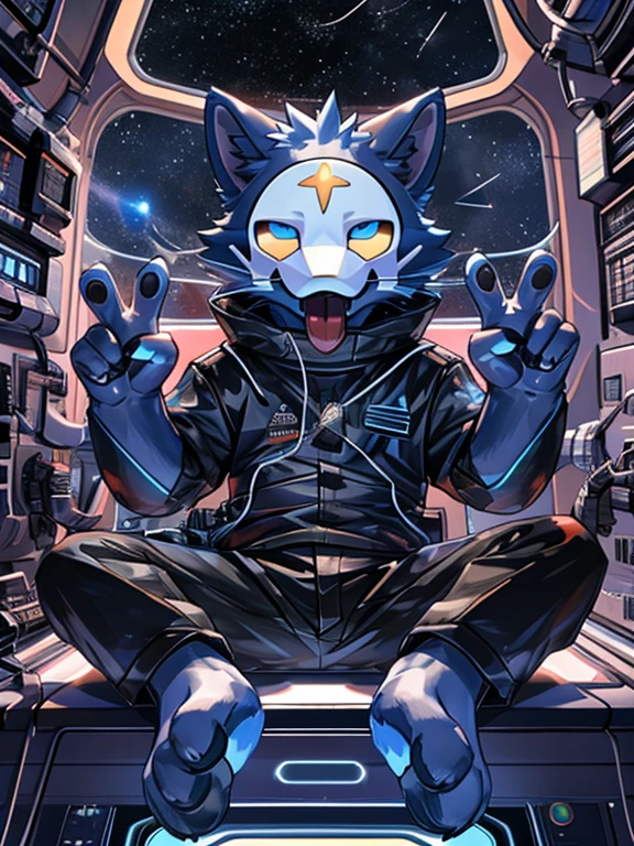 furry, blue cat, the setting is a space with stars and planets, there are shooting stars,a defective robot mask, his body is robotic, part of his body has electrical cables, but part of its body is also that of an animal, its paws are exposed, is sitting in his spaceship, He's sticking his tongue out like an ahegao, protuberance, he has both hands and is making a "v" sign with his fingers.