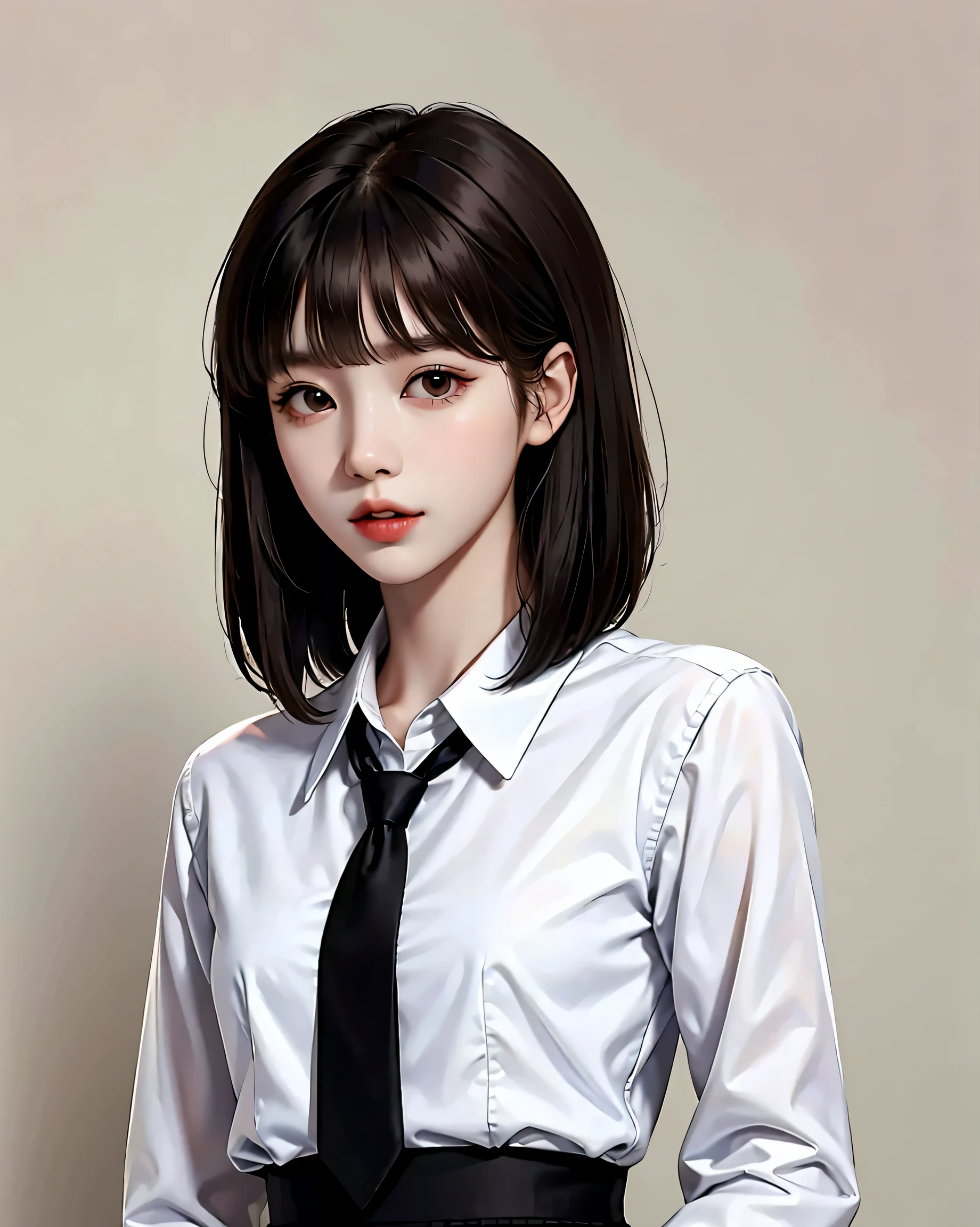 There is a woman wearing a tie and a white shirt, with short hair, beautiful korean woman, korean girl, sun yunjoo, cute korean actress, gorgeous young korean woman, neat hair with bangs, short brown hair with bangs, beautiful young korean woman.