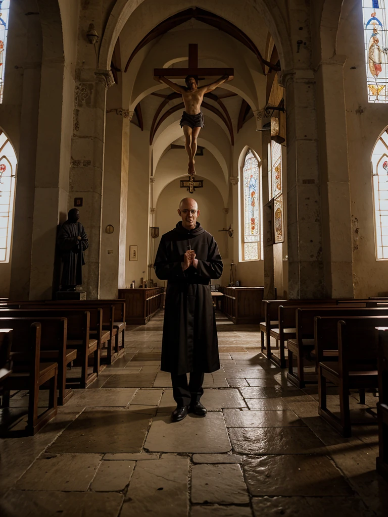 catholic monk, bizantino, inside a monastery, in a state of prayer, em frente a um crucifixo,