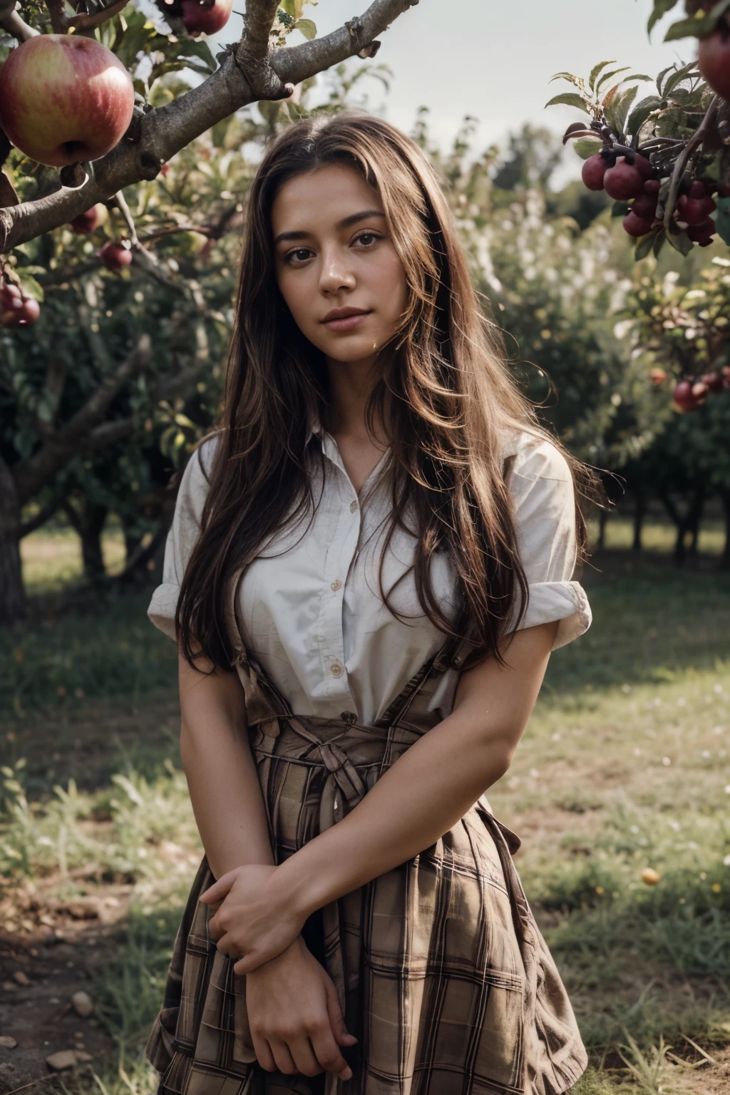 (Masterpiece, Top Quality, Best Quality, Beautiful and Aesthetic:1.2), An idyllic farm with gnarled fruit trees and a sunny apple orchard, tight-fitting plaid shirt dress with an apron, 18 years old, Perfect Body, Perfect rare face, (very detailed skin), black colored long hair, Skin texture, Sharp focus on rare face, Perfect brown eyes, (Photorealistic), Film grain, name Samira, 