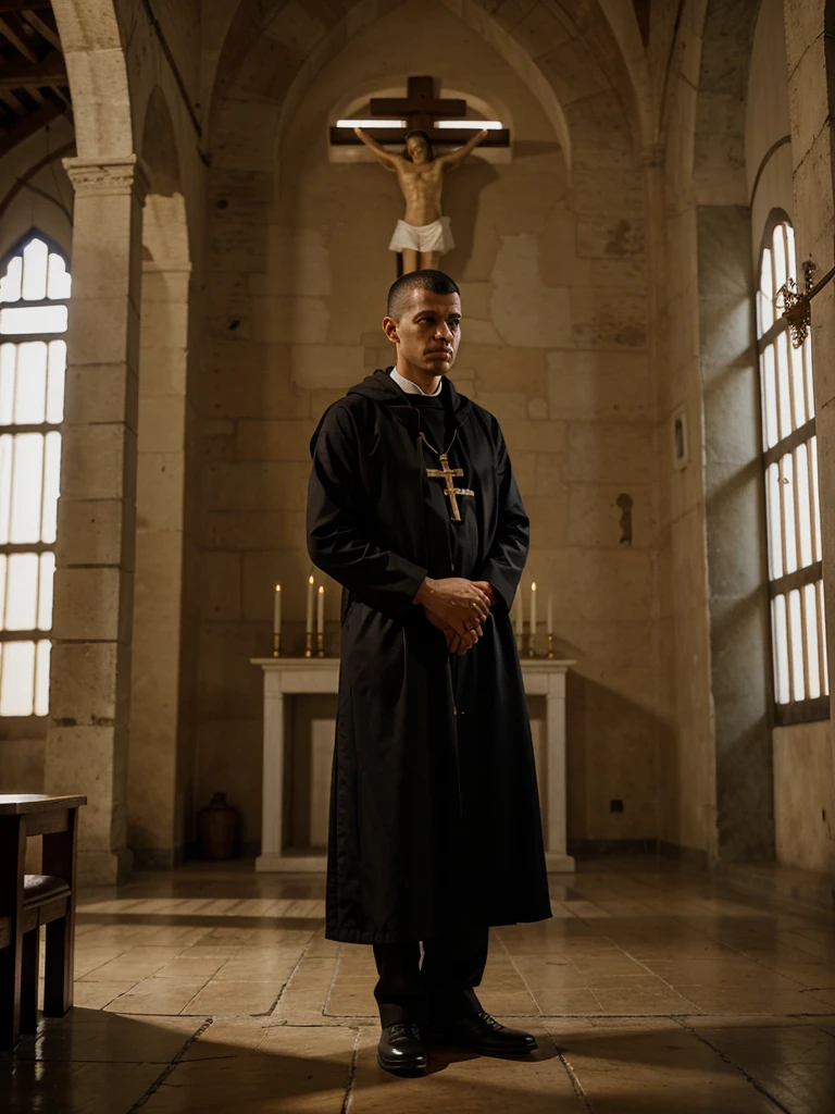 catholic monk, bizantino, inside a monastery, in a state of prayer, em frente a um crucifixo,