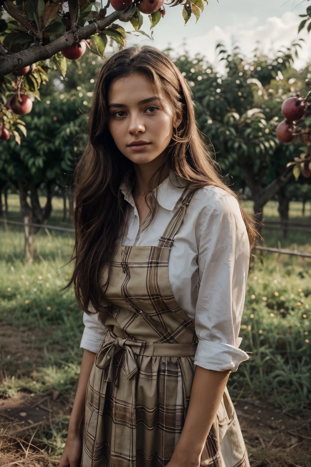 (Masterpiece, Top Quality, Best Quality, Beautiful and Aesthetic:1.2), An idyllic farm with gnarled fruit trees and a sunny apple orchard, tight-fitting plaid shirt dress with an apron, 18 years old, Perfect Body, Perfect rare face, (very detailed skin), black colored long hair, Skin texture, Sharp focus on rare face, Perfect brown eyes, (Photorealistic), Film grain, name Samira, 