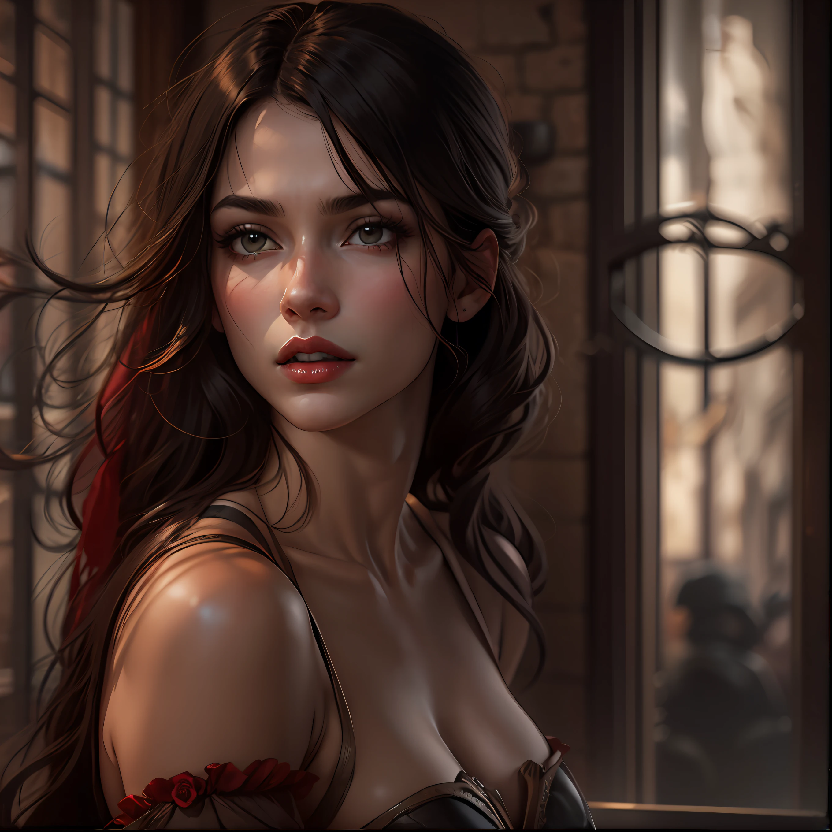 Uma mulher morena, Realistic, Charismatic, Muitos detalhes, Tema Fantasia Medieval, Serious, cabelos longos com franja, 25 anos, corpo inteiro, rosto da princesa, Fundo taverna, pernas cruzadas, corpo definido, red lips, Realismo, Cinematic lighting, de cima, super detalhe,