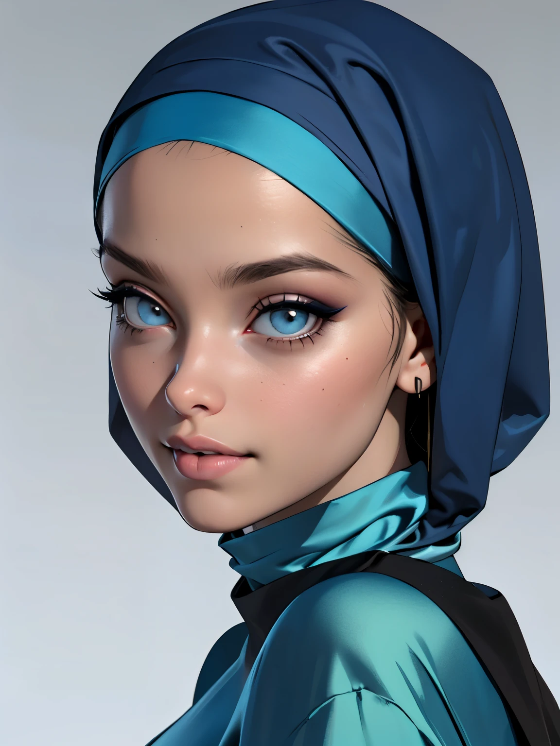 3dmm style, (Masterpiece), realistic, best quality, best lighting, extremely detailed artgerm, style artgerm, beautiful mature woman, 1 girl photo solo, beautifully makeup, eyeshadow, Parted Lips, Detailed Eyes, ((beautiful big eyes)), long eye lashes, dimples on the cheeks, smile, wearing ((Dark blue satin hijab)), loosely tide hijab style, ((Blue satin shirt and satin long skirt)), (Close-up portrait), Front view, Standing Symmetric Centre, facing the viewer, gray background.