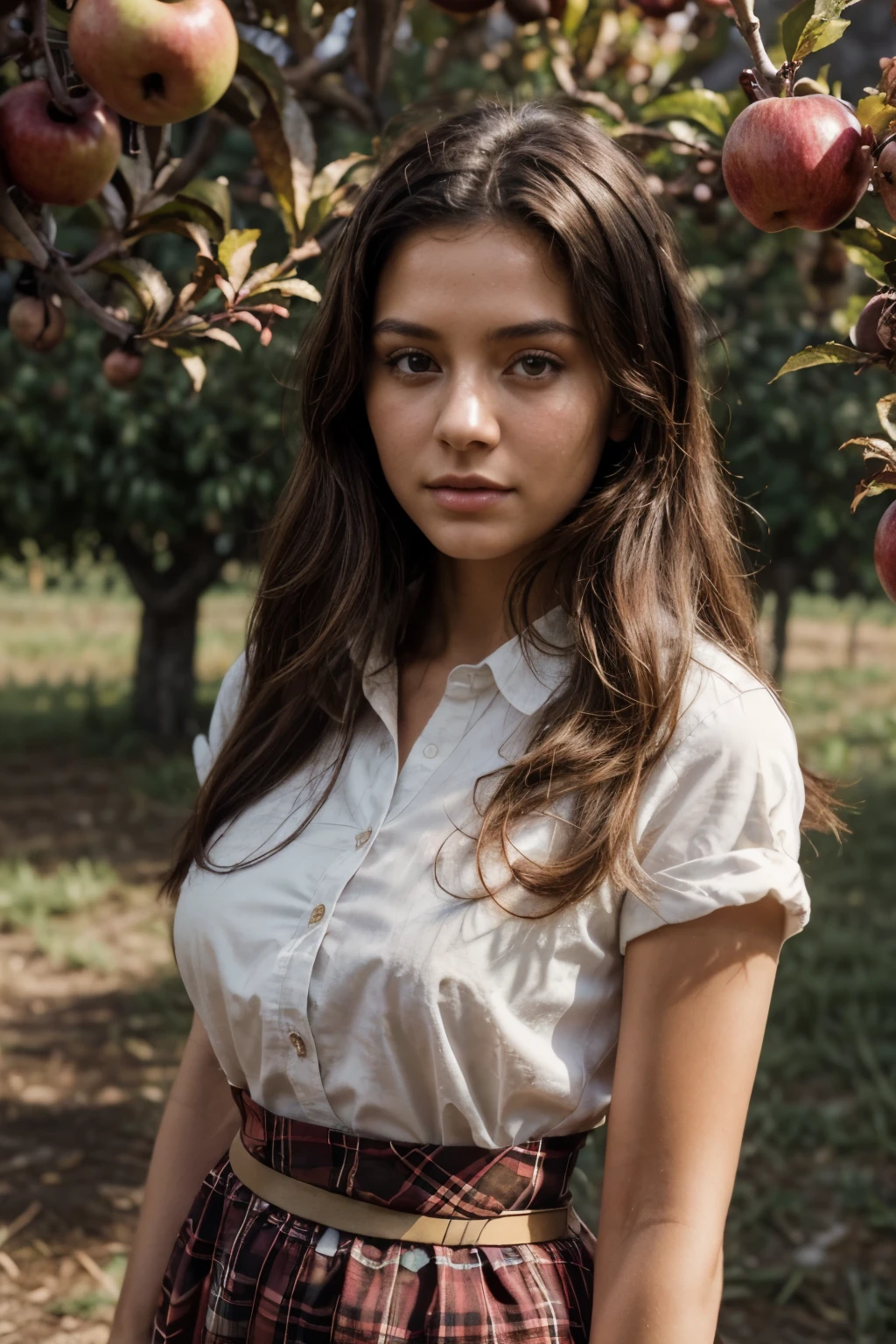 (Masterpiece, Top Quality, Best Quality, Beautiful and Aesthetic:1.2), An idyllic farm with gnarled fruit trees and a sunny apple orchard, tight-fitting plaid shirt dress with an apron, 18 years old, Perfect Body, Perfect rare face, (very detailed skin), black colored long hair, Skin texture, Sharp focus on rare face, Perfect brown eyes, (Photorealistic), Film grain, name Samira,