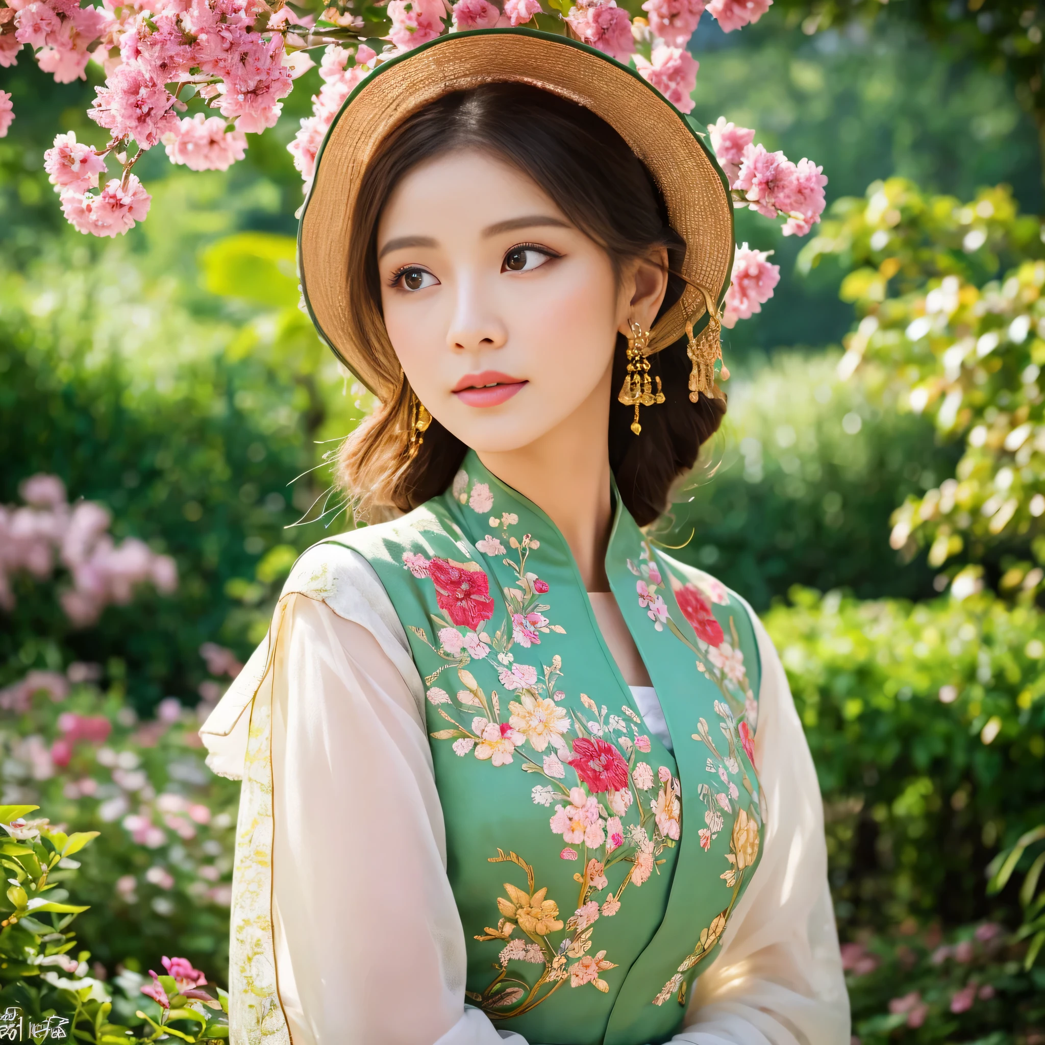 girl in a garden, with beautiful detailed eyes, beautiful detailed lips, extremely detailed eyes and face, longeyelashes. She is wearing a traditional Asian outfit that consists of a flowing dress with intricate embroidery and a delicate floral hair accessory. She is standing in the middle of a vibrant garden filled with colorful flowers and green foliage. The garden is surrounded by a white picket fence and there are butterflies fluttering around her. The sunlight filters through the trees, creating a warm and serene atmosphere. The scene is depicted in a realistic and ultra-detailed style, with vivid colors and sharp focus. The overall color tone of the image is natural and slightly warm, adding to the peaceful ambiance. The lighting in the scene is soft and diffused, casting gentle shadows on the girl's face and the surrounding environment. The image is of the best quality, with a resolution of 4k or higher, ensuring every intricate detail is captured and displayed. It is a masterpiece that showcases the beauty of nature and the elegance of the Asian culture.