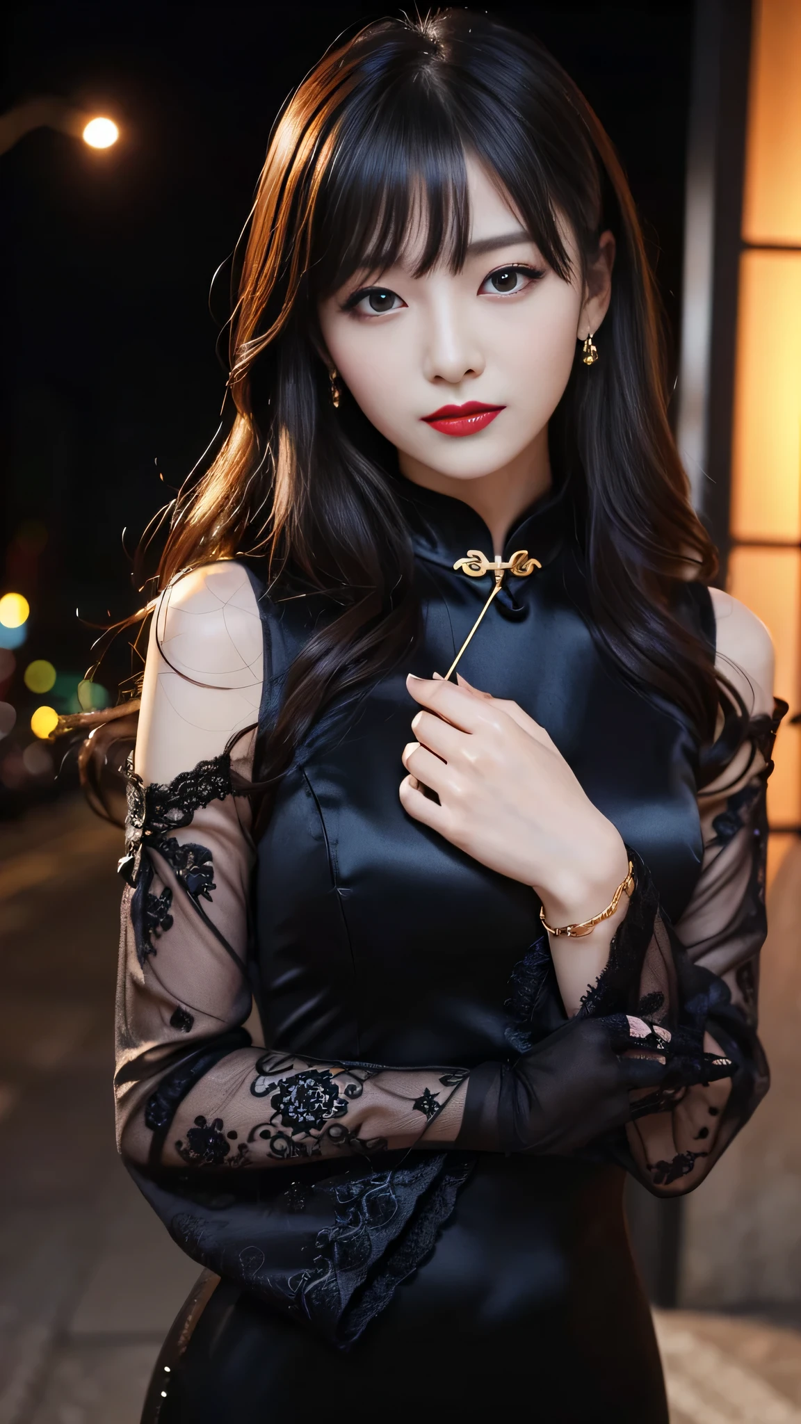 tra-detailed、Japanese、attractive beauty、seductive adult woman、pretty woman、piercing eyes、cool girl、wavy hair、swept bangs、Long Black and Gold Cheongsam、wide sleeves、Evil cadres、evil depravity、brainwash、mind control、lipstick、lip gloss、dark makeup、smirk、whisper in your ear、Evil expression、evil、hollow eyes,half-closed eyes、empty eyes、evil、church at night、vampire、succubus、vampire、Swear allegiance、sexy pose、bracelet