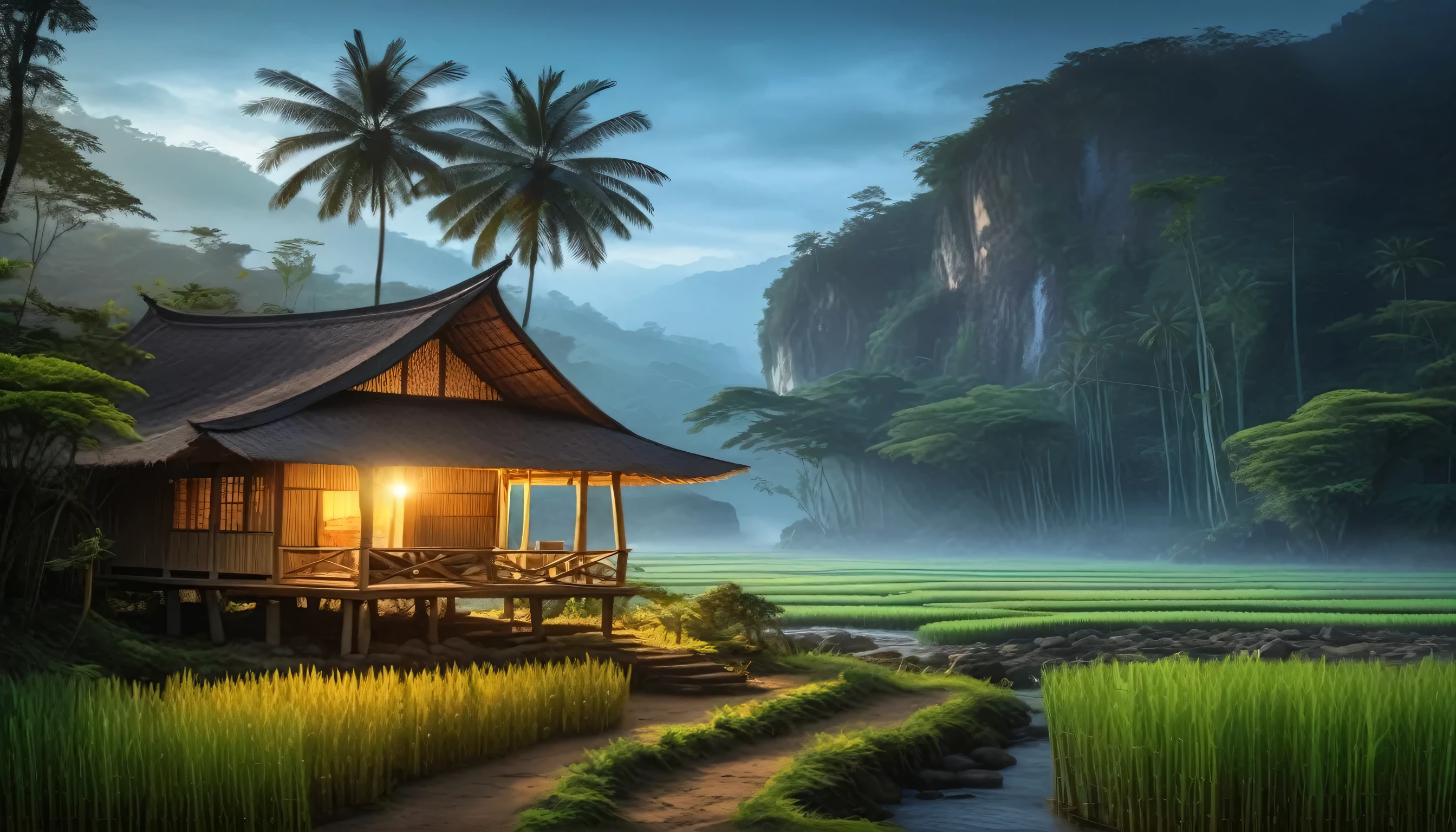 Pemandangan di Jawa barat tahun 1800, rumah kayu sederhana di tepi sungai yang deras berbatu yang air nya biru. banyak rumpun bambu besar, pohon-pohon tropis besar dan lebat, foliage yang rimbun, bark, ada pohon yang mati, ada daun yang menguning. latar belakang gunung berapi berkabut, cahaya matahari yang dramatis, muted pallete color.
