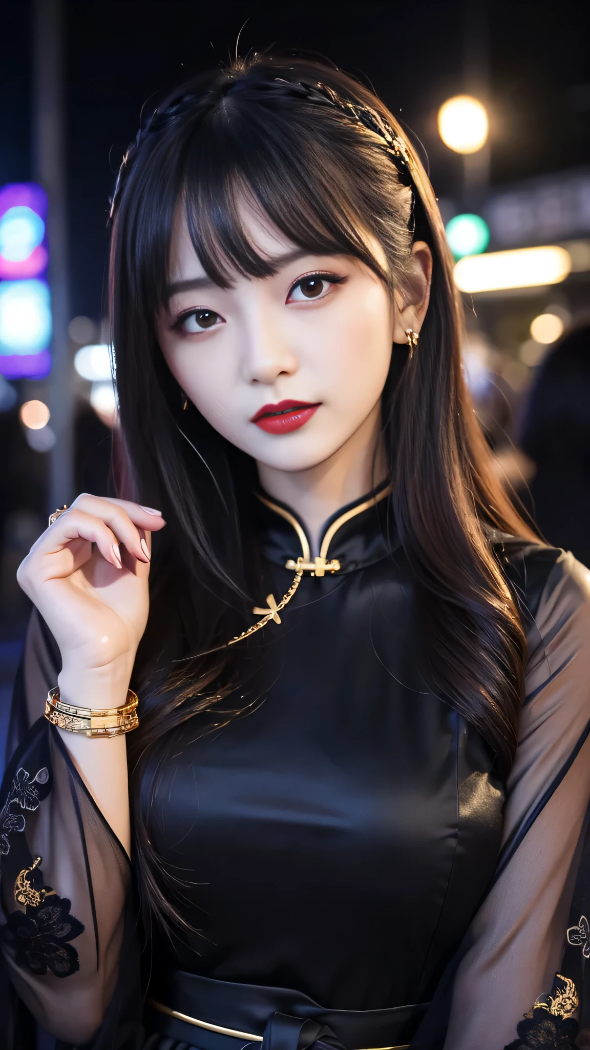 tra-detailed、Japanese、attractive beauty、seductive adult woman、pretty woman、piercing eyes、cool girl、wavy hair、swept bangs、Long Black and Gold Cheongsam、wide sleeves、Evil cadres、evil depravity、brainwash、mind control、lipstick、lip gloss、dark makeup、smirk、whisper in your ear、Evil expression、evil、hollow eyes,half-closed eyes、empty eyes、evil、church at night、vampire、succubus、vampire、Swear allegiance、sexy pose