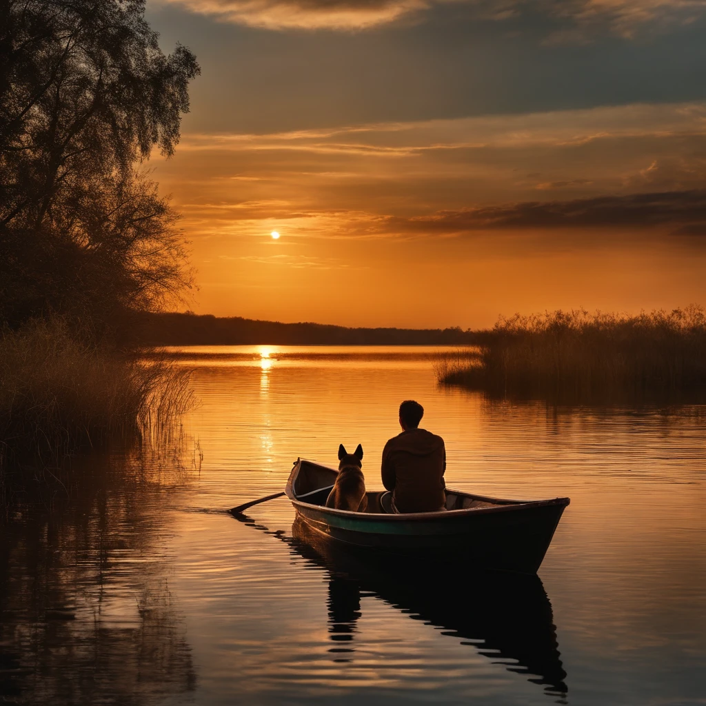 A real picture of a young man sitting in a quiet place sitting on a small boat in the middle of a lake. The sun has set over the place. There is a dog with beautiful fur on the wild side of the lake. The weather is beautiful. 