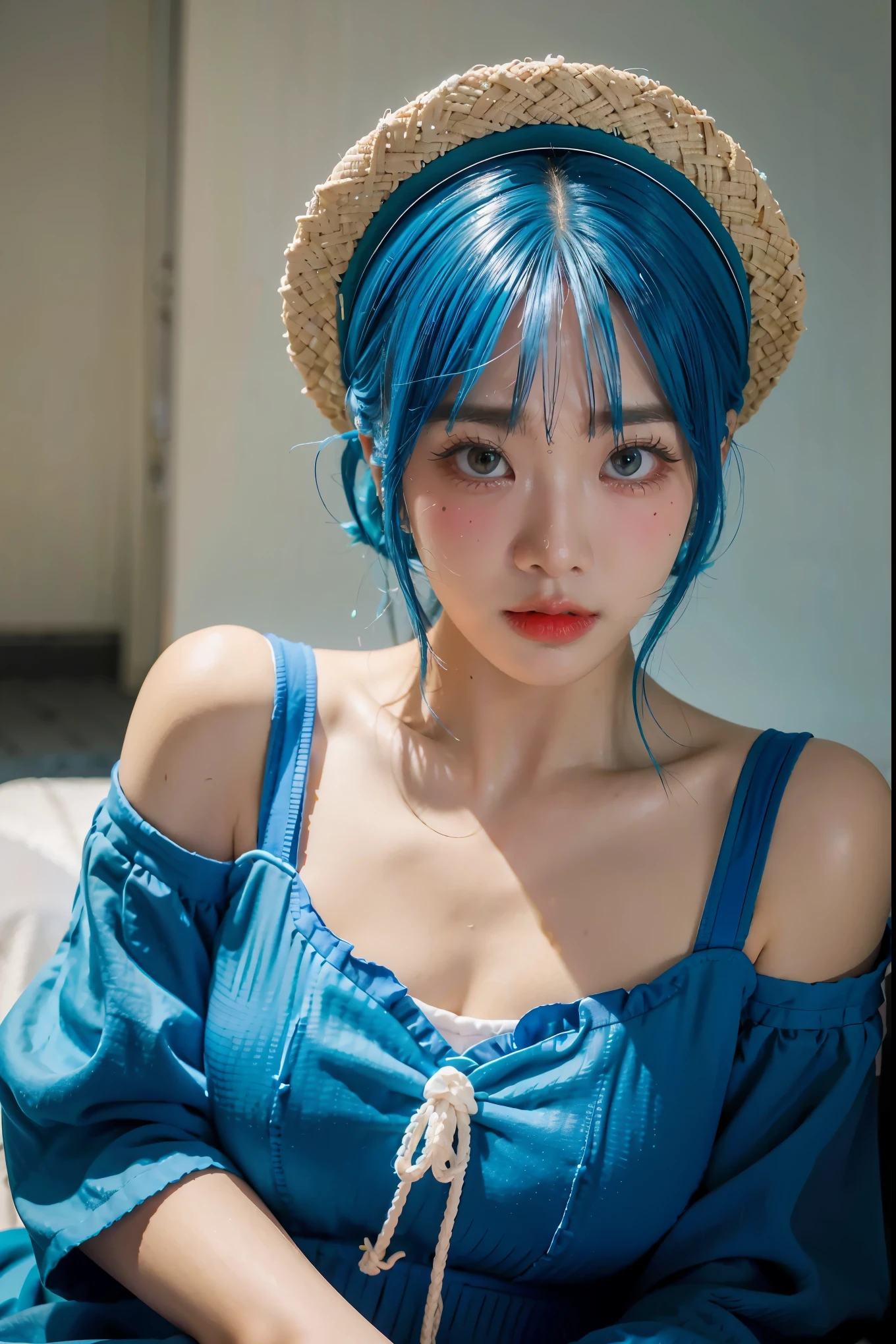 anime girl with blue hair wearing a straw hat and a blue dress, artwork in the style of guweiz, beautiful anime portrait, guweiz, beautiful anime girl, beautiful anime style, anime girl with teal hair, anime style. 8k, in the art style of bowater, beautiful digital illustration, beautiful character painting, stunning anime face portrait