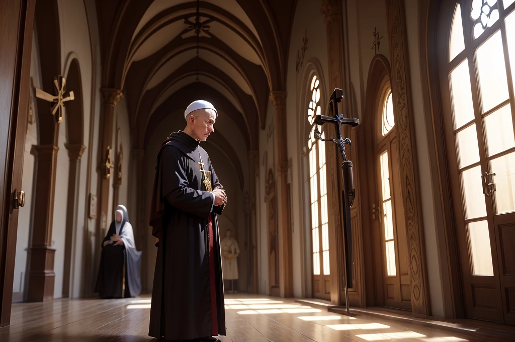 catholic monk, bizantino, inside a monastery, in a state of prayer, em frente a um crucifixo,