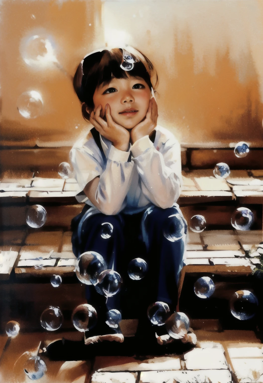 painting of a  sitting on a step with bubbles in the air, inspired by Victor Nizovtsev, inspired by Riusuke Fukahori, inspired by Nara Yoshitomo, bubbles ”, [ oil painting ]!!, realistic cute girl painting, inspired by Yeong-Hao Han, makoto oil painting, by Riusuke Fukahori