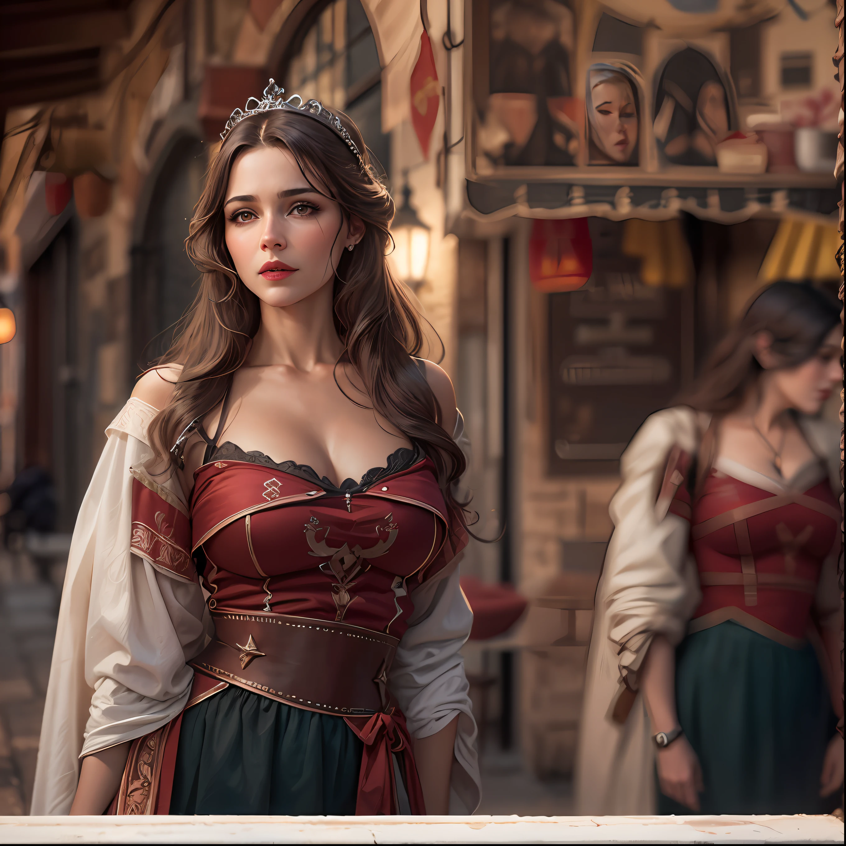 Realistic, Charismatic, Muitos detalhes, entre traje grego, monge, she is Greek, Tema Fantasia Medieval, cabelos loiros longos , estilo grego, 25 anos, corpo inteiro, uma mulher na foto, olhos azuis, rosto da princesa, fundo da taberna, corpo definido, red lips, Realismo, Cinematic lighting, de cima, super detalhe, sentada na taverna sorrindo