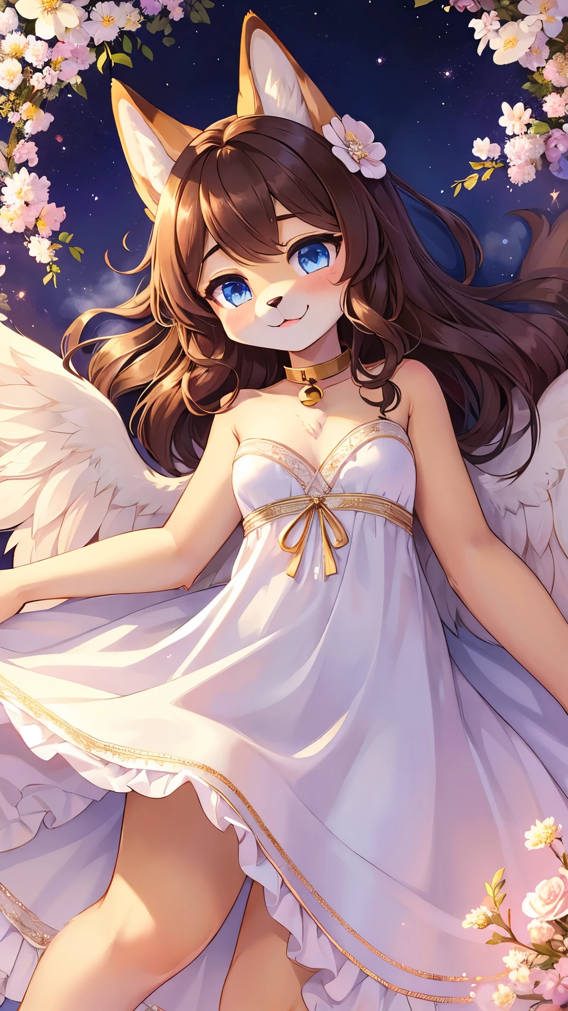 best quality,best resolution,(fluffy anthro furry :1.6),(young :1.6),dog girl,small breasts,gold canine ears,gold dog tail,gold body fur,dark brown long hair,wavy hair,curvy hair,blue eyes,sparkle eyes,glistering eyes,small bell collar,flower hair ornaments,wet white dress with flower embroidery,see through,raffles,sleeveless,bare shoulder,sparkle dust around girl,fallen stars background,night sky,flowers surronded,floral decoraton ornaments,looking at viewer,full face blush,panoramic view,white gorgeous gown with gold floral embroidery,glowing white angle wings on girl back,shy face,horny smile,front view,heart eyes,heart expression eyes,heavy breath,floating in the air,full body,armpits fur,upper body only