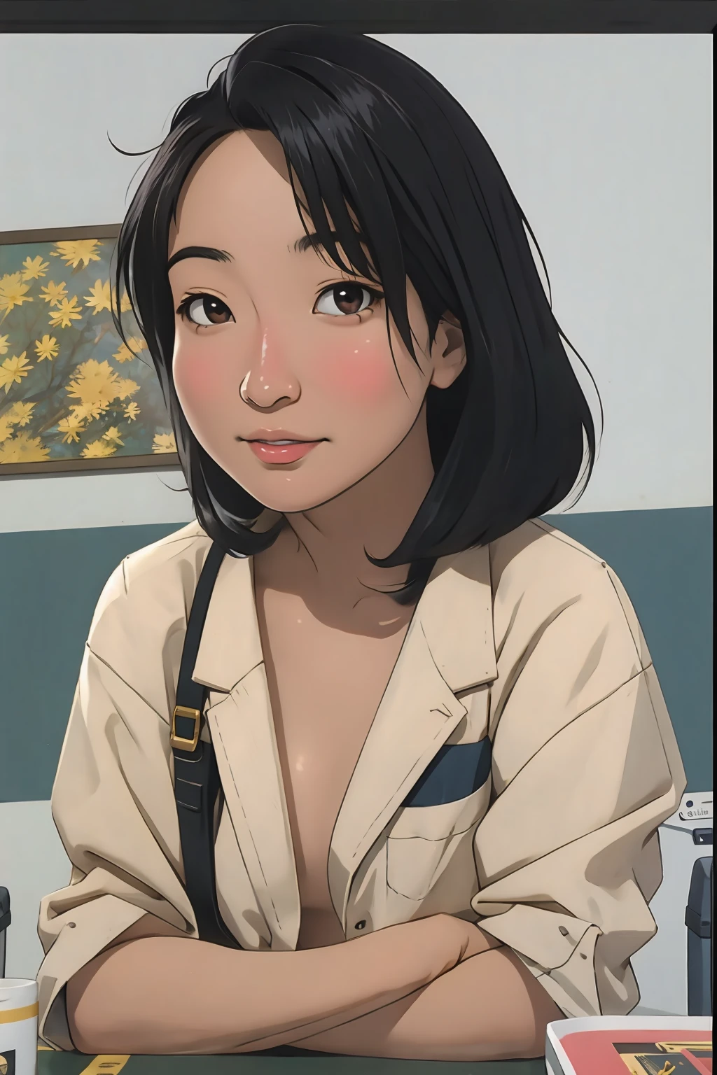 Risa, black haired japanese girl, short black hair, sitting in classroom in uniform , cute, beautiful, realistic style, highly detailed, 4k, look at camera, face close-up, ((golden ratio, center frame)), (((RISA))), face in center of picture ((NUDE)), ((looking to the right))