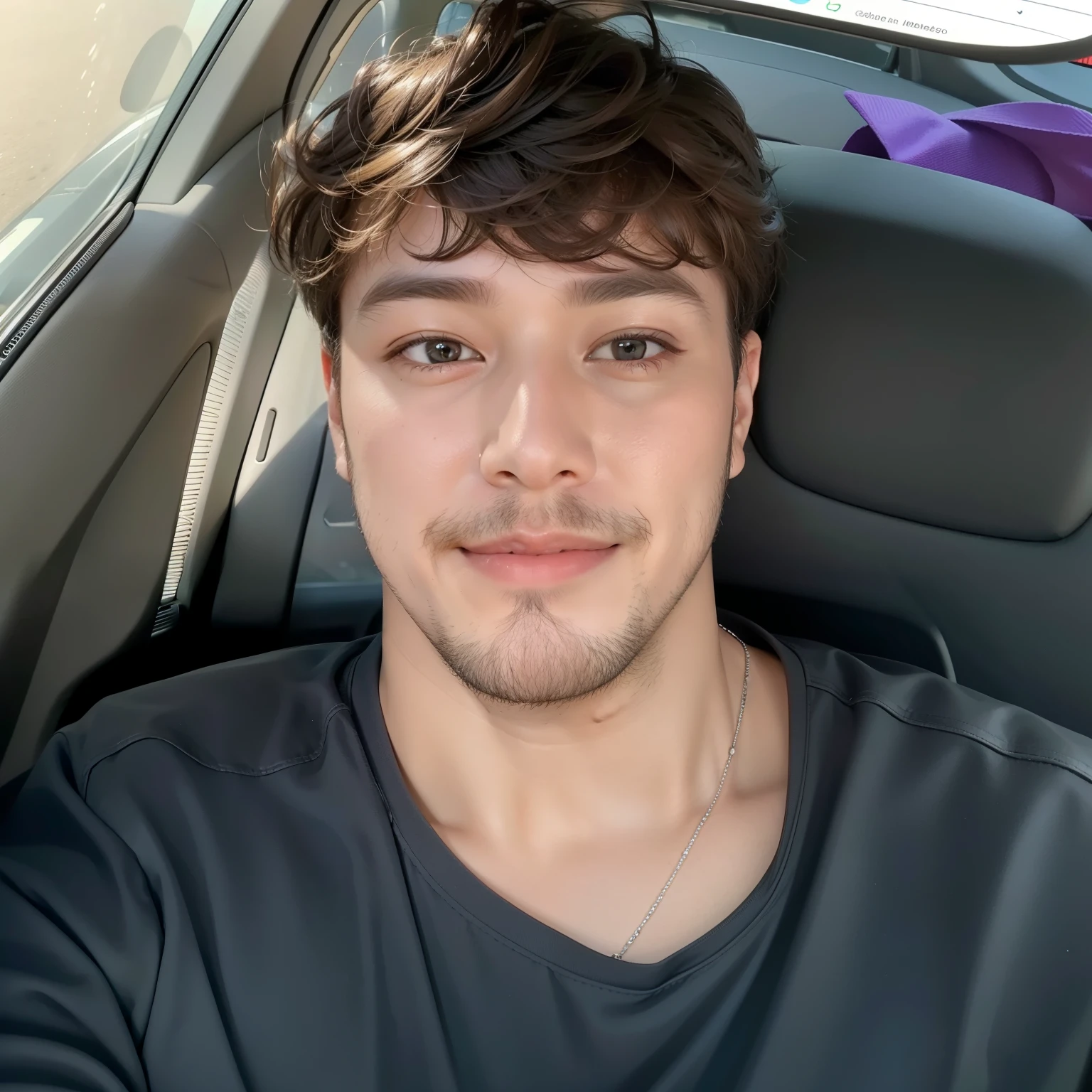 Man sitting in a car with a cell phone in his hand, 1 / 2 shots to the head, half body head shot, profile picture with headshot, 1 / 4 shots to the head, taken at the beginning of 2020, Fotografia selfie 8k, rosto bonito, cerca de 19 anos, smiling at the camera, neck beard, relaxed smile on your face