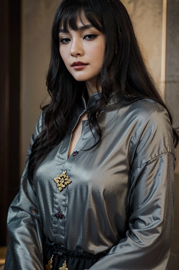 extra-detailed、Japanese、attractive beauty、seductive adult woman、pretty woman、piercing eyes、cool girl、wavy hair、swept bangs、Long Black and Gold Cheongsam、wide sleeves、Evil cadres、evil depravity、brainwash、mind control、lipstick、lip gloss、dark makeup、smirk、whisper in your ear、Evil expression、evil、hollow eyes,half-closed eyes、empty eyes、evil、church at night、vampire、succubus、vampire、Swear allegiance、sexy pose、bracelet
