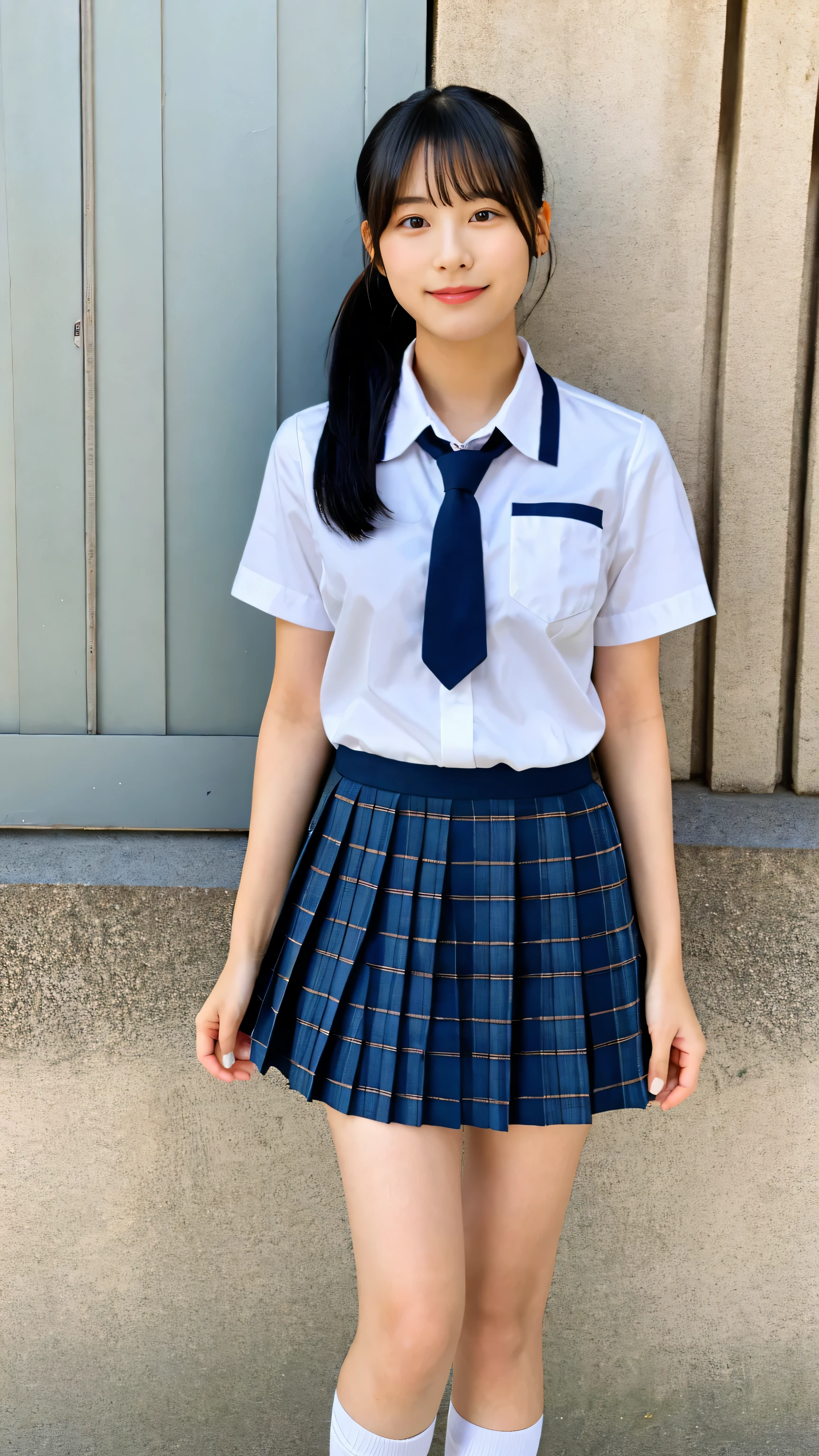 japanese woman,
18-year-old,
BREAK,
((black hair,ponytail)),
BREAK,
(school uniform:1.5),
blue blouse,white Y-shirt,plaid skirt,red ribbon,
BREAK,
front,
looking at the viewer,
whole body,
The background is a school classroom,
BREAK,
(8K,Raw photo,highest quality,masterpiece,realistic,Photoreal:1.2),