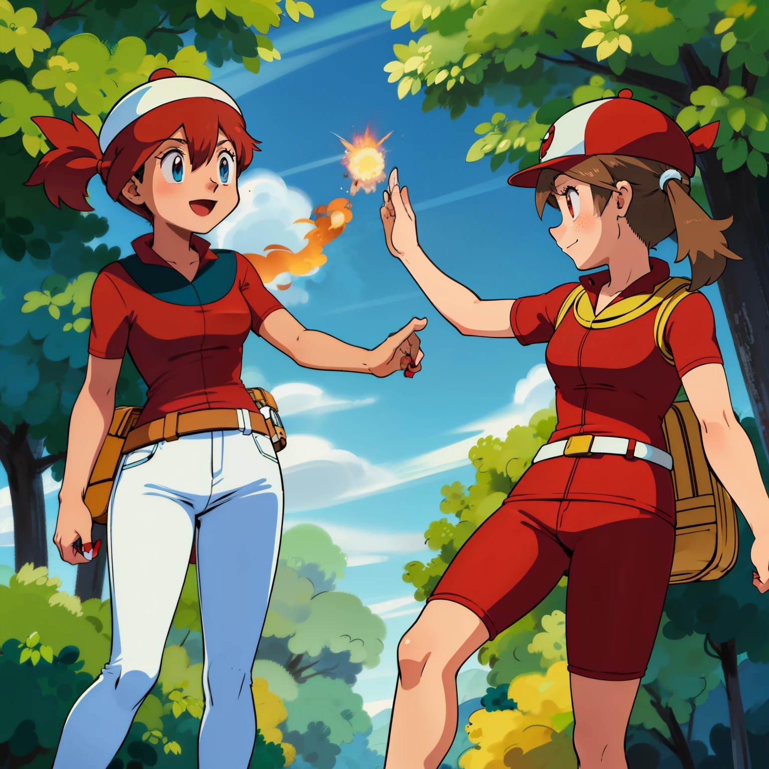 masterpiece, Best Quality, High Resolution, RO1, Red cap, Freckled complexion, Frosted hair, Fire-type trainer outfit, jeans, Red sneakers, Satchel, Pokedex in hand, Determined expression, Sunny savannah background, Trainer pose with posed Pokeball \(Basic\), Grass types surrounding, Smoke trails from recent battle, A smile.