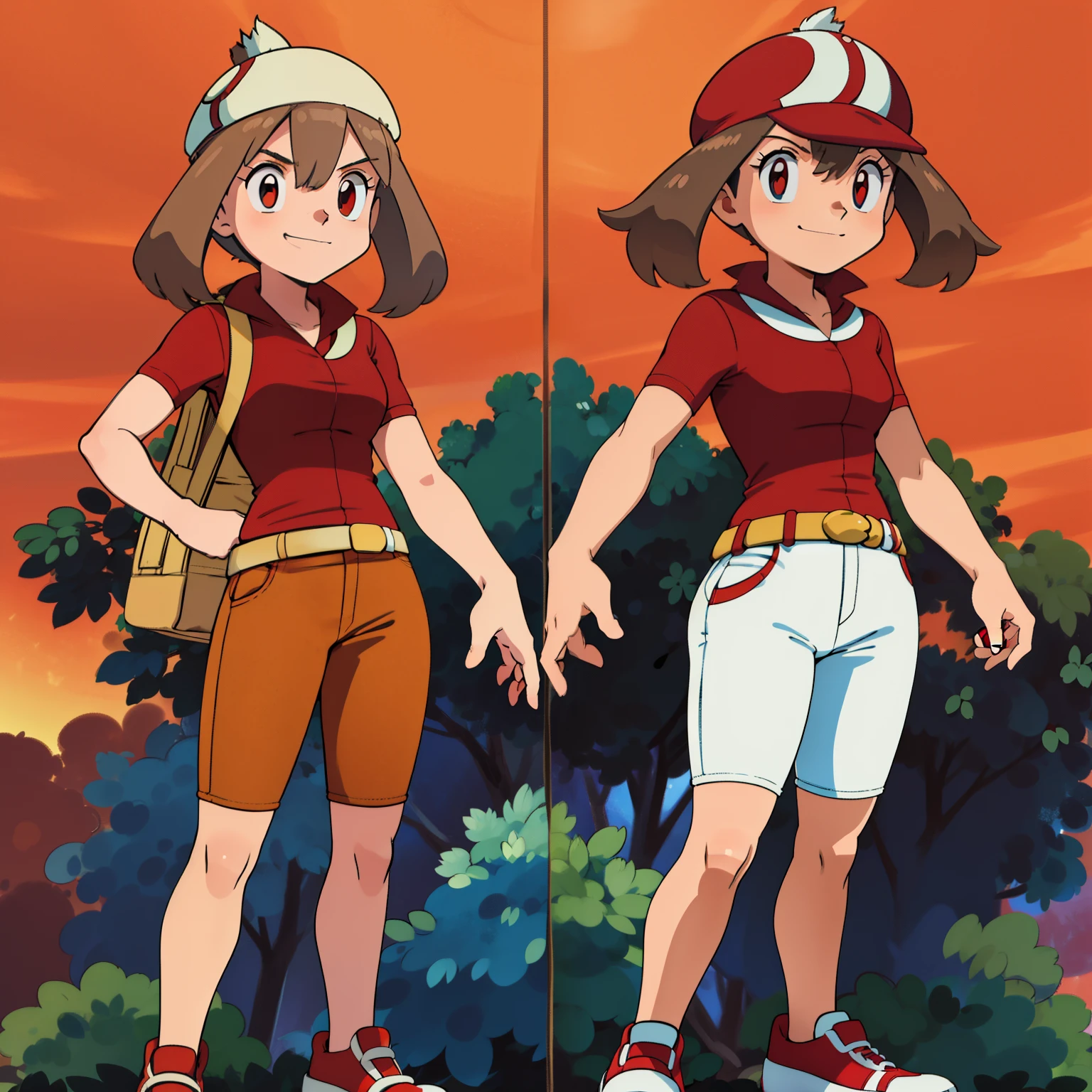masterpiece, Best Quality, High Resolution, RO1, Red cap, Freckled complexion, Frosted hair, Fire-type trainer outfit, jeans, Red sneakers, Satchel, Pokedex in hand, Determined expression, Sunny savannah background, Trainer pose with posed Pokeball \(Basic\), Grass types surrounding, Smoke trails from recent battle, A smile.