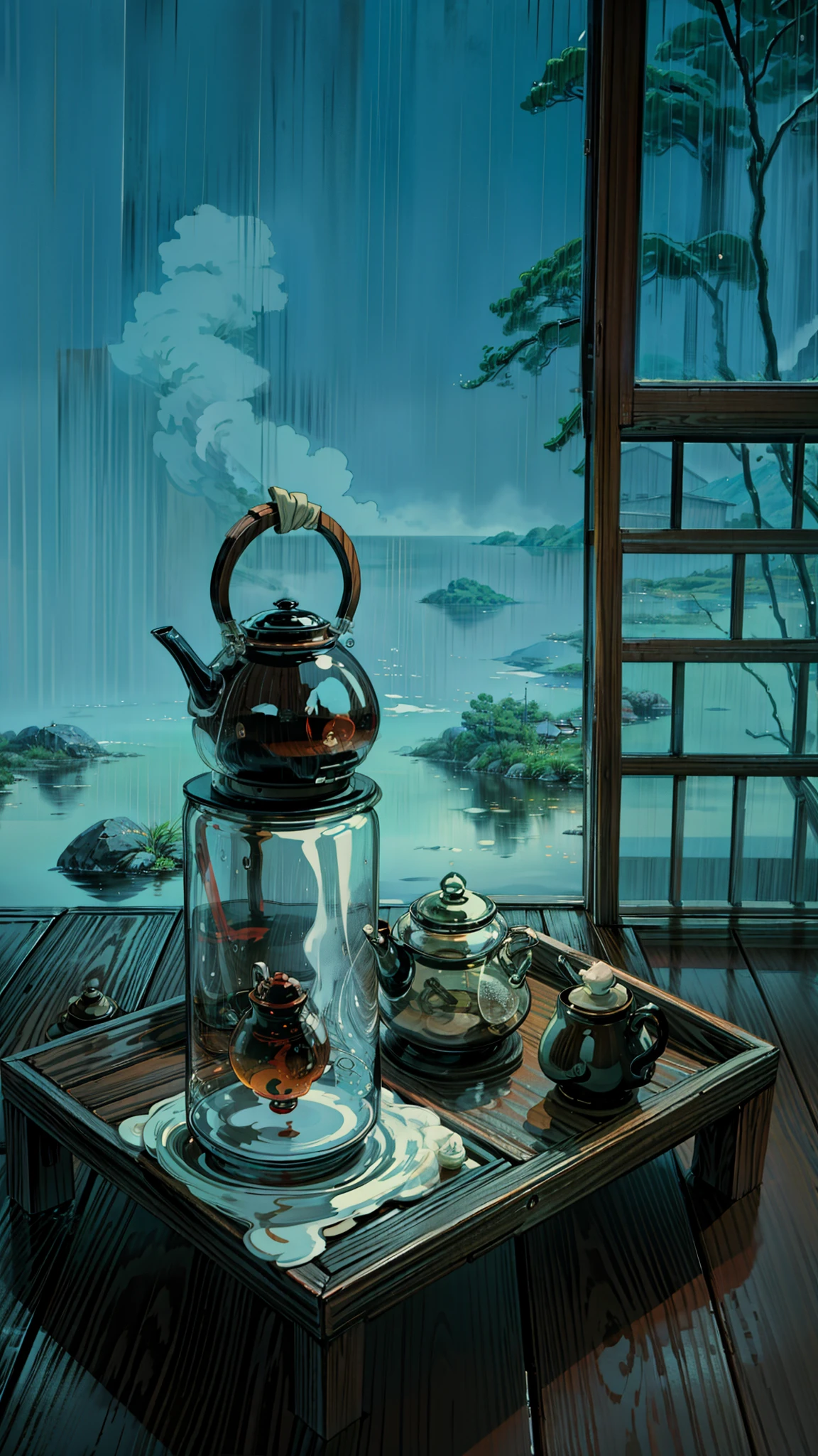 a tea pot sitting on top of a wooden table, tea ceremony scene, smokey water scenery, zen temple background, zen atmosphere, steam, tranquil scene, on a rainy day, cozy cafe background, rainy environment, steam romance, oriental wallpaper, water torrent background, cozy and peaceful atmosphere, water background, boiling imagination in a bowl, it\'s raining