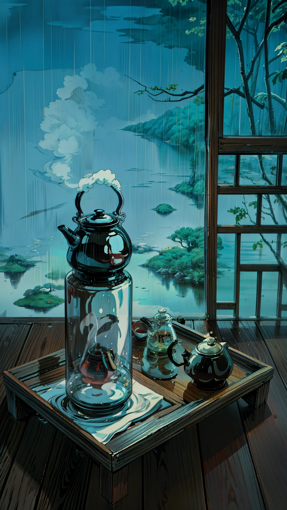 a tea pot sitting on top of a wooden table, tea ceremony scene, smokey water scenery, zen temple background, zen atmosphere, steam, tranquil scene, on a rainy day, cozy cafe background, rainy environment, steam romance, oriental wallpaper, water torrent background, cozy and peaceful atmosphere, water background, boiling imagination in a bowl, it\'s raining